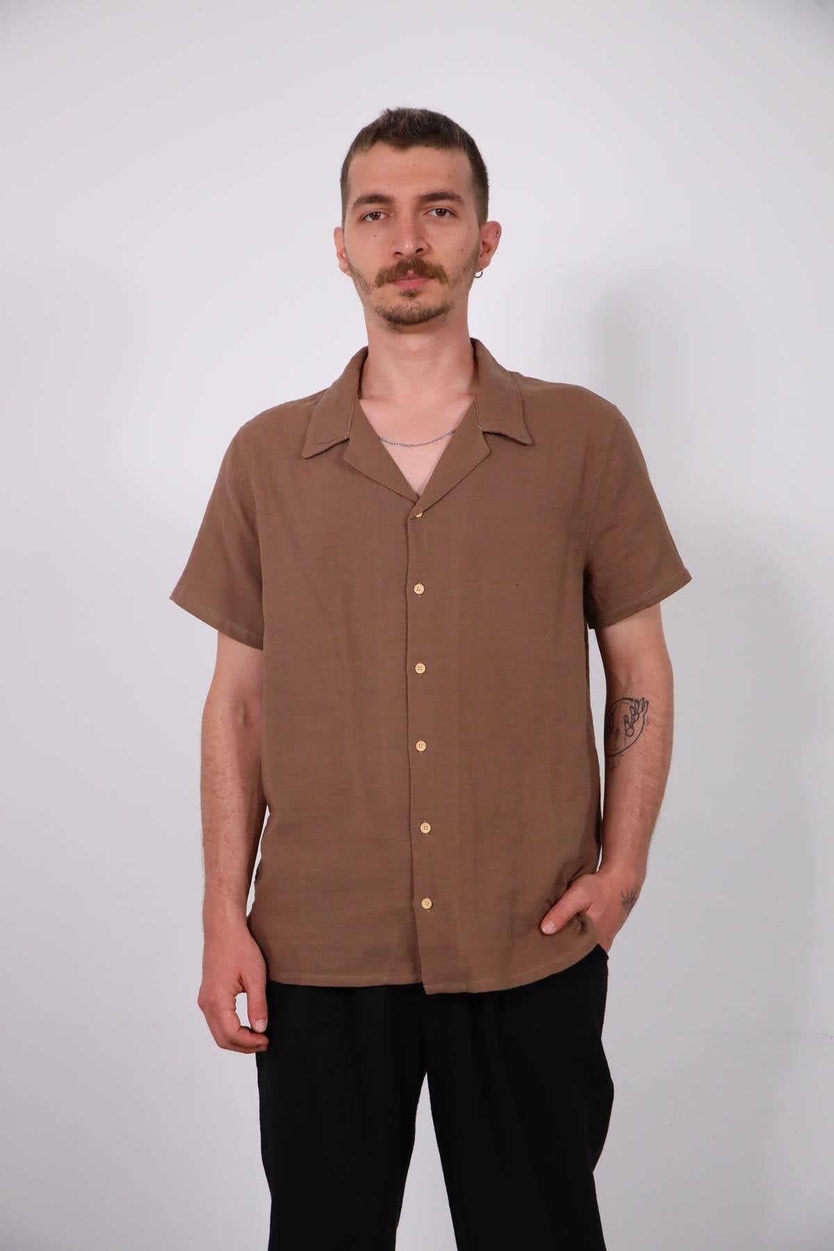 Brown Back Tassel Short Sleeve Men's Shirt