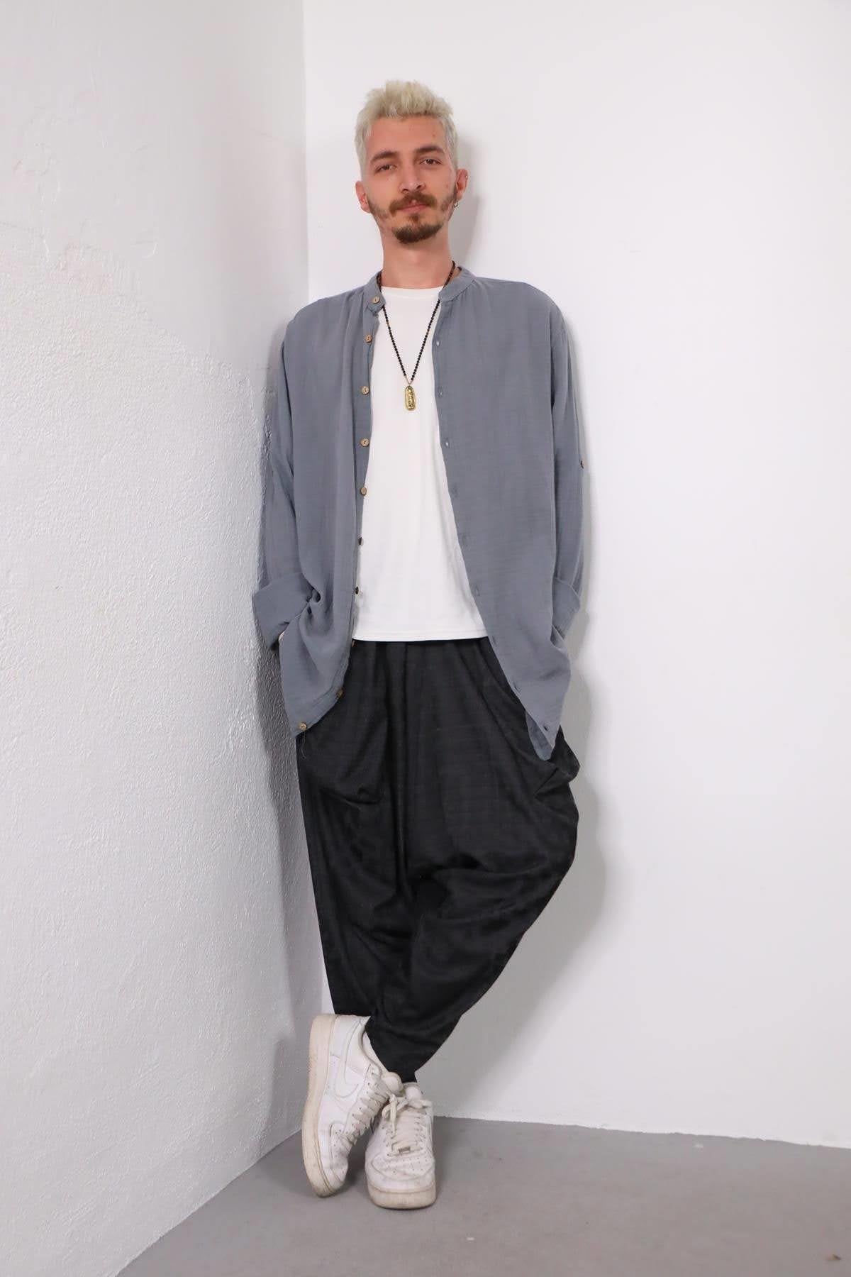 Anthracite Mandarin Collar Muslin Men's Shirt