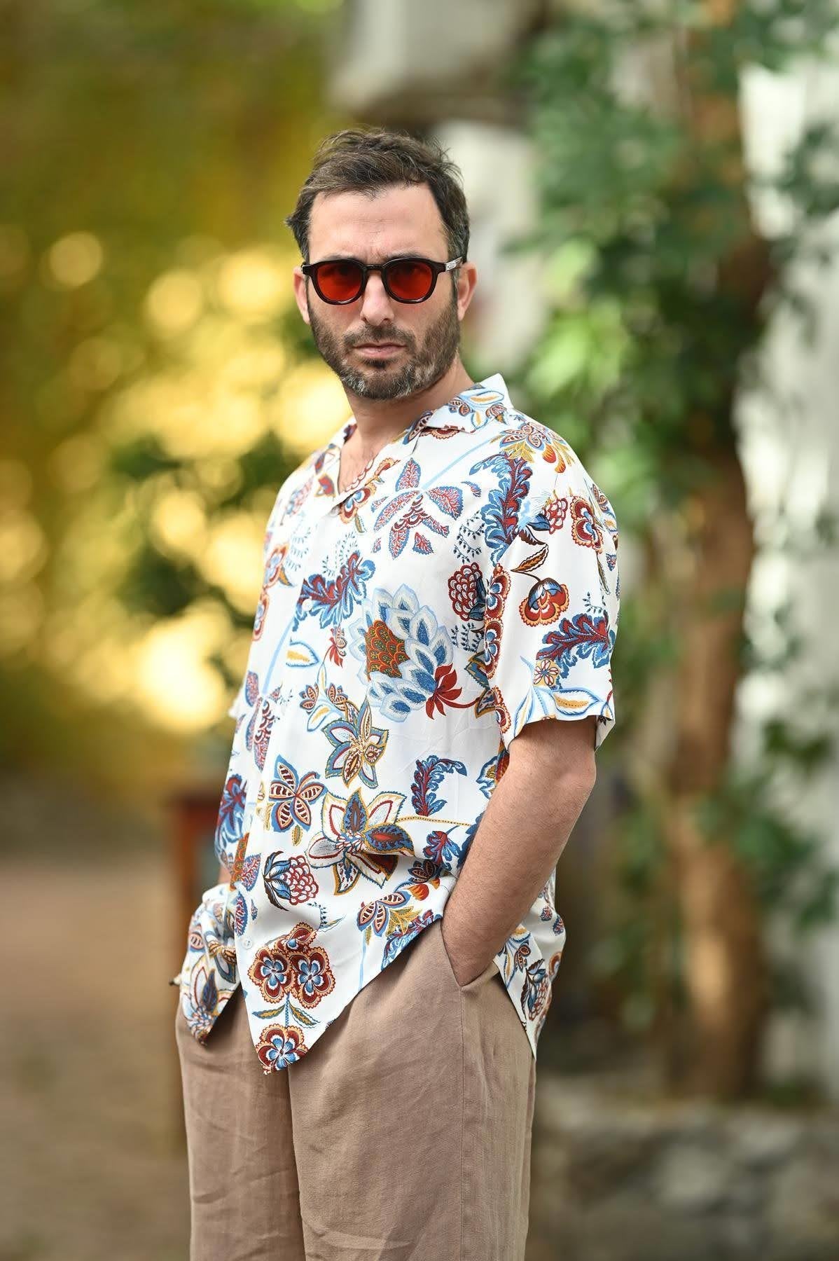 White Patterned Short Sleeve Men's Shirt