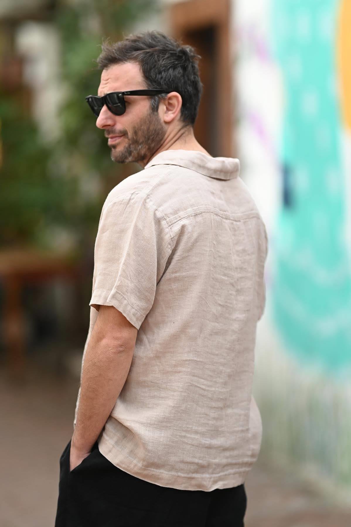 Beige Blazer Collar Short Sleeve Linen Men's Shirt