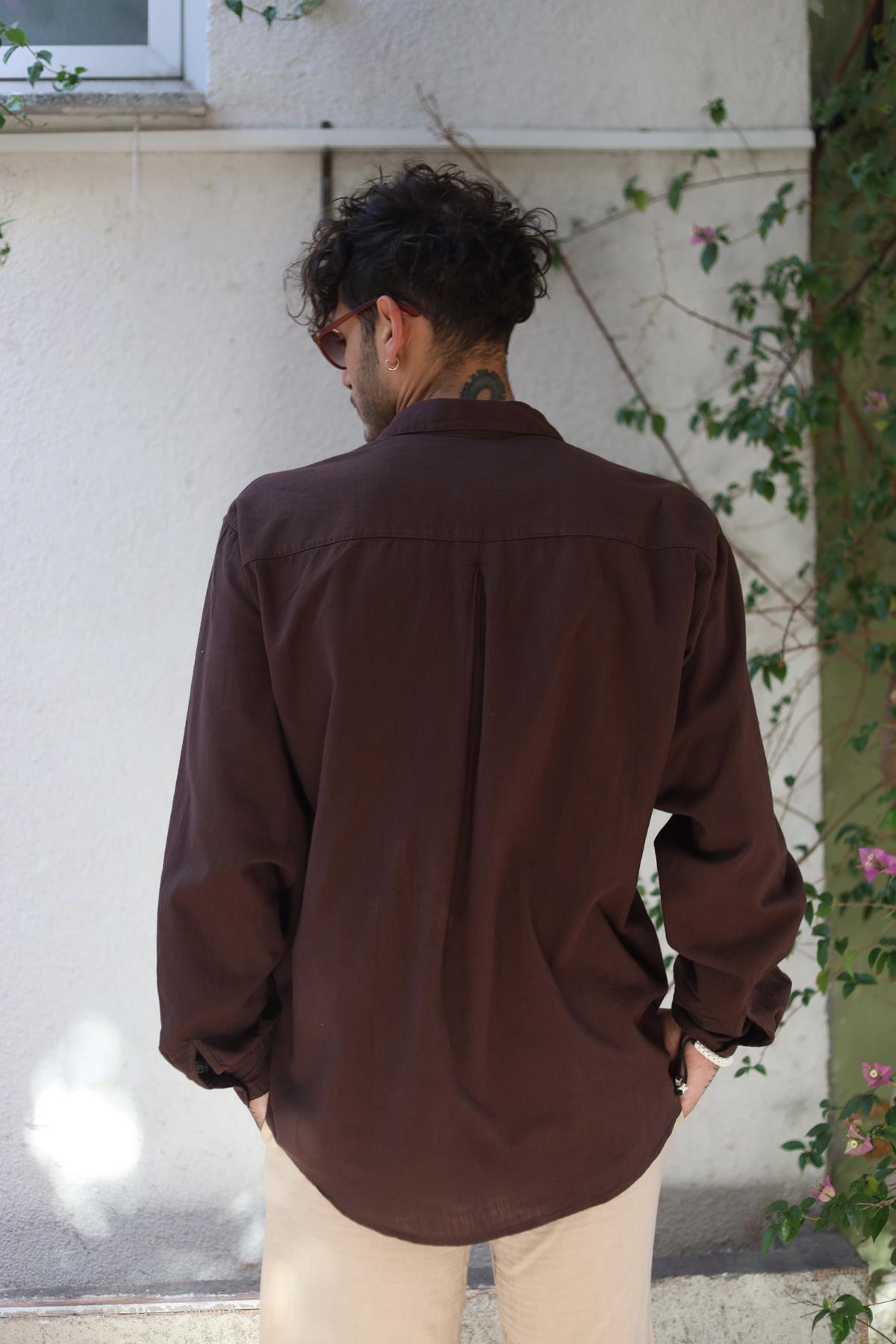 Brown Large Pocket Tasseled Patched Men's Shirt