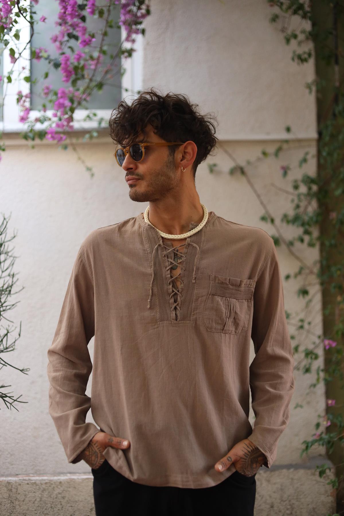 Mink Color Lace-Up Bohemian Men's Shirt