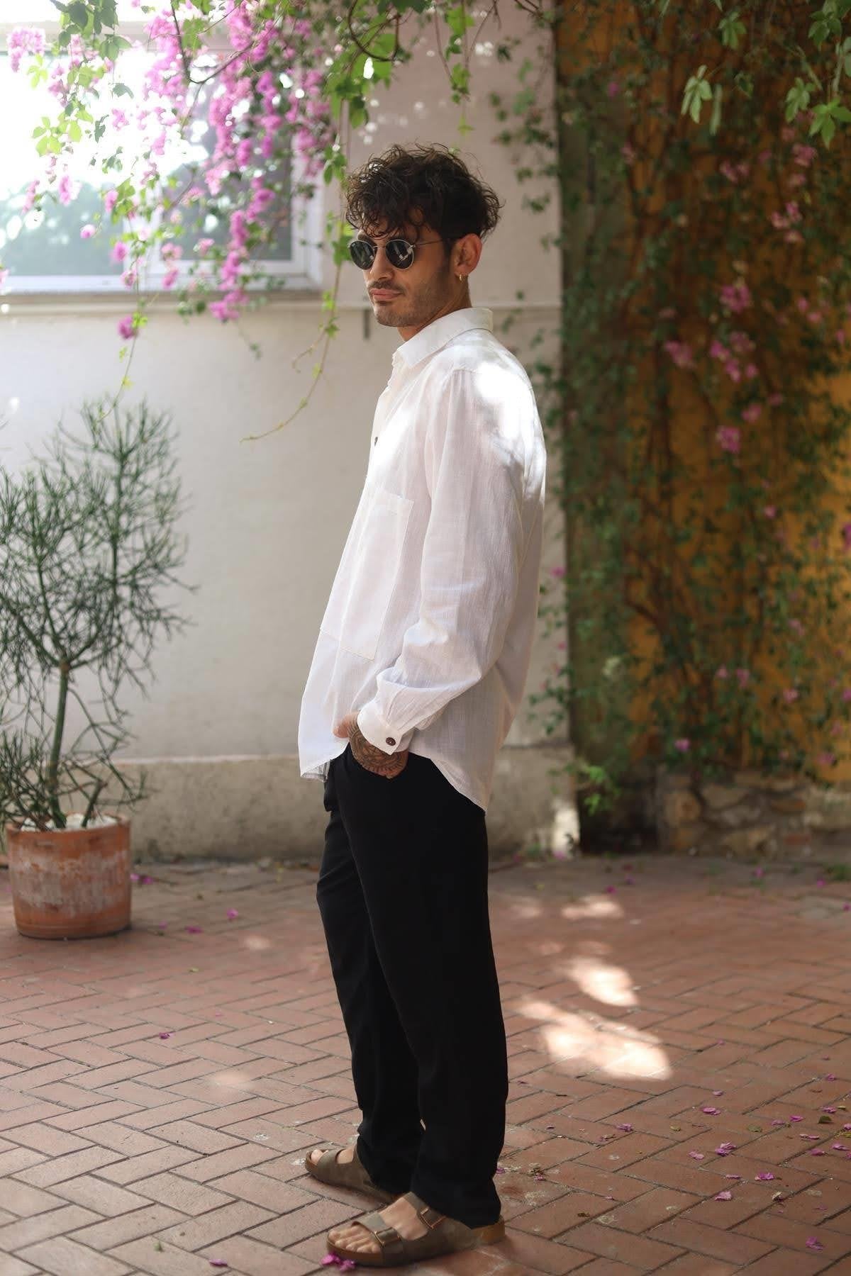 White Large Pocket Tasseled Patchwork Men's Shirt