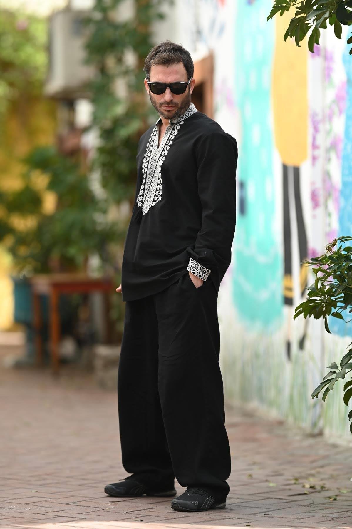 Black Authentic Men's Shirt with Embroidered Collar and Cuffs