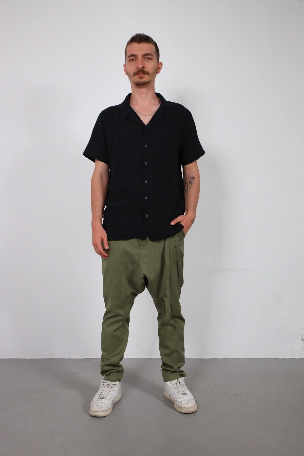 Black Back Tassel Short Sleeve Men's Shirt