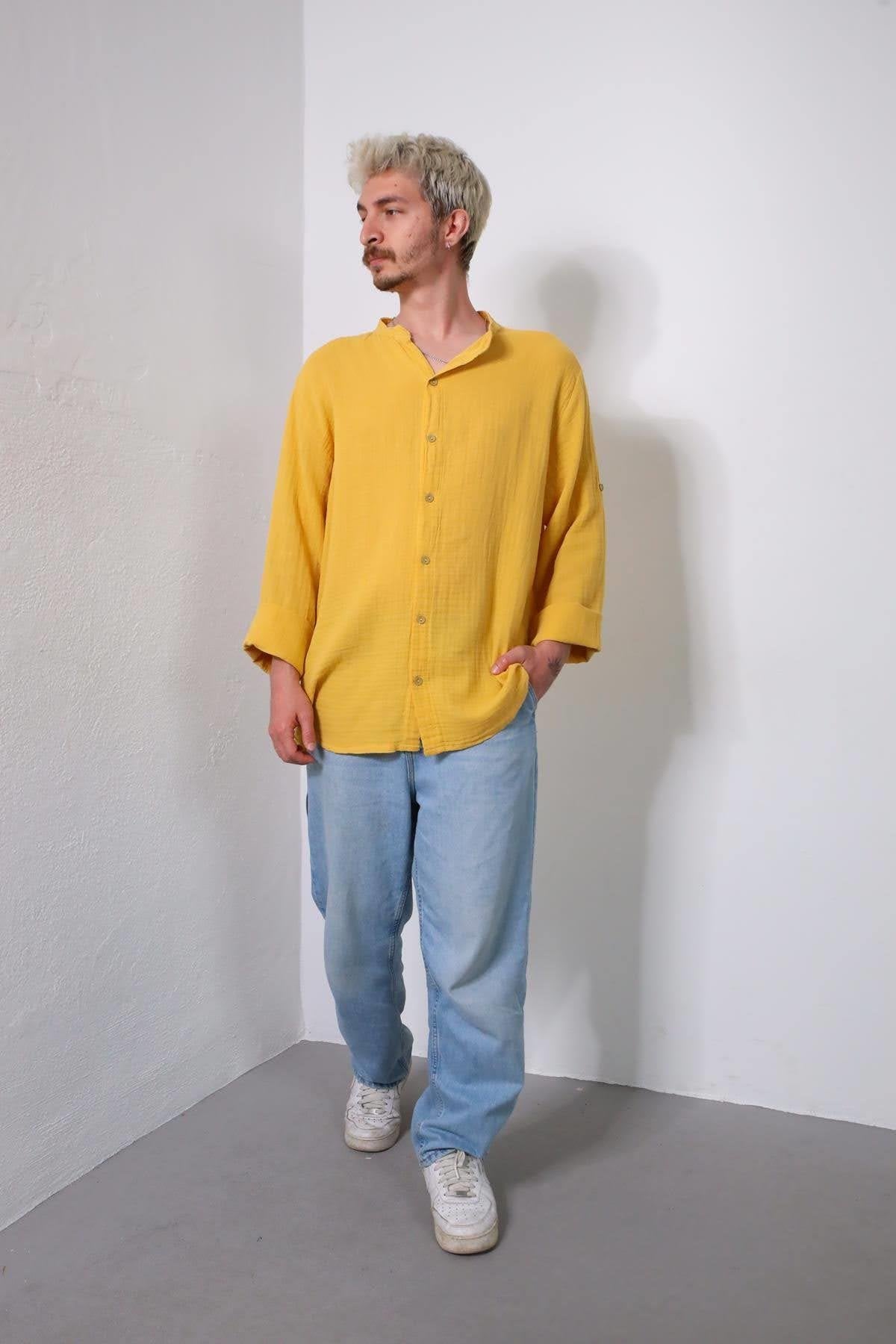 Yellow Mandarin Collar Muslin Shirt