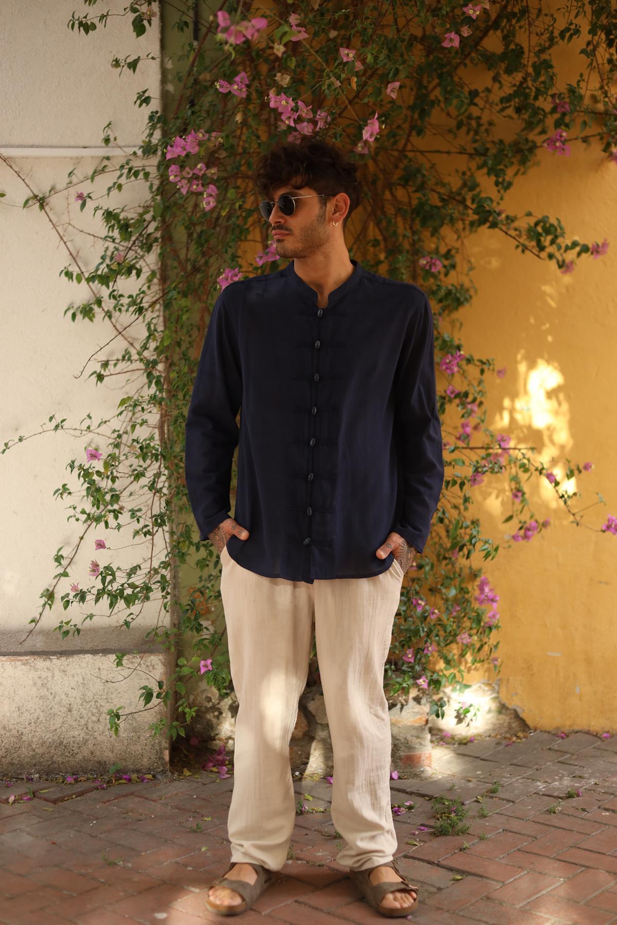 Navy Blue Mandarin Collar Button Detailed Men's Shirt