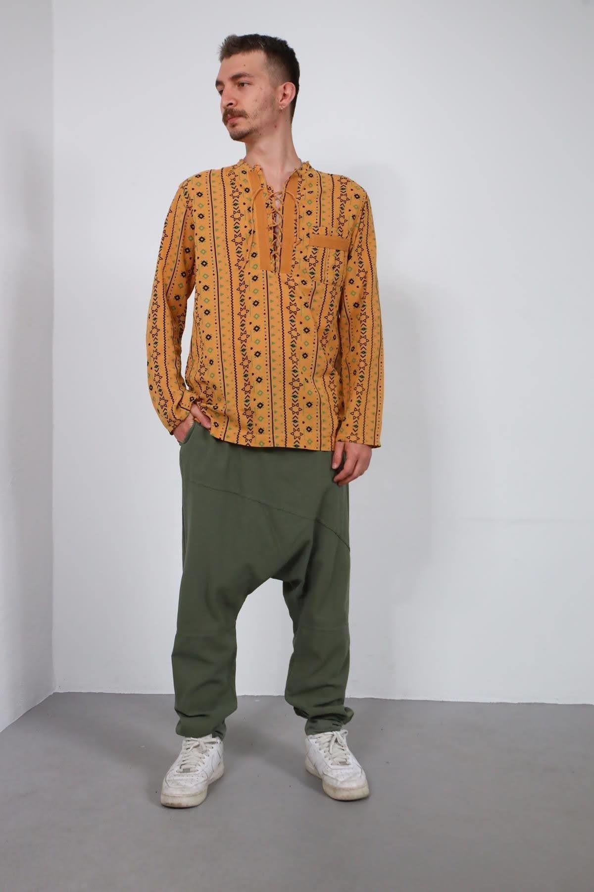 Mustard Color Lace-Up Printed Men's Shirt
