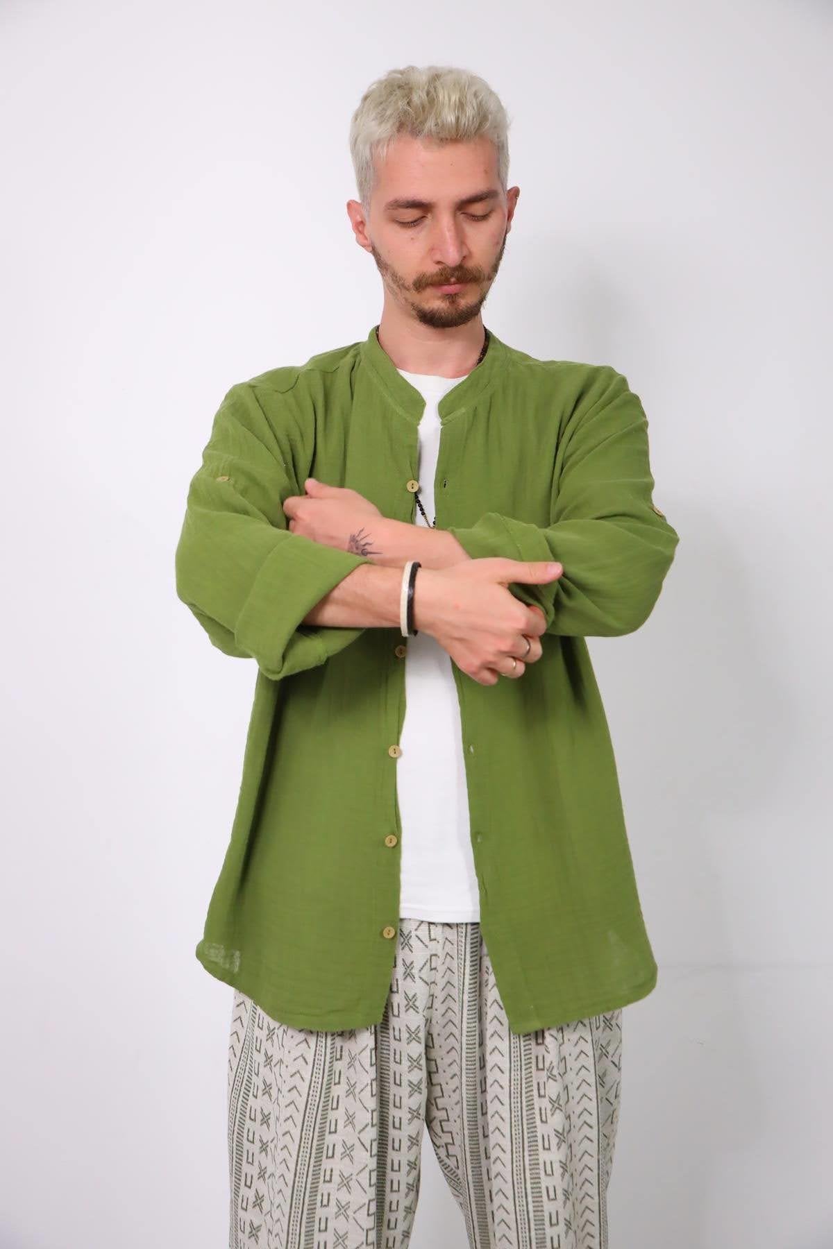 Green Mandarin Collar Muslin Shirt
