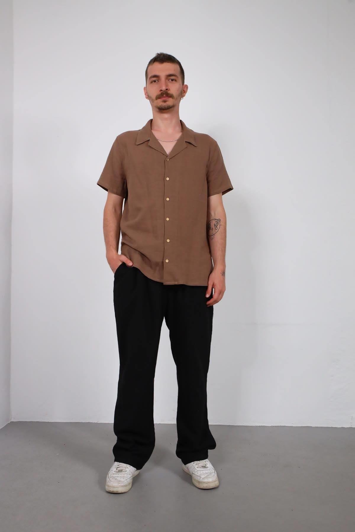 Brown Back Tassel Short Sleeve Men's Shirt