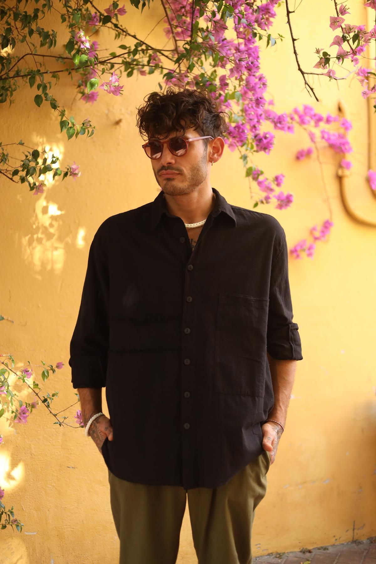 Black Men's Shirt with Large Pockets and Tassels