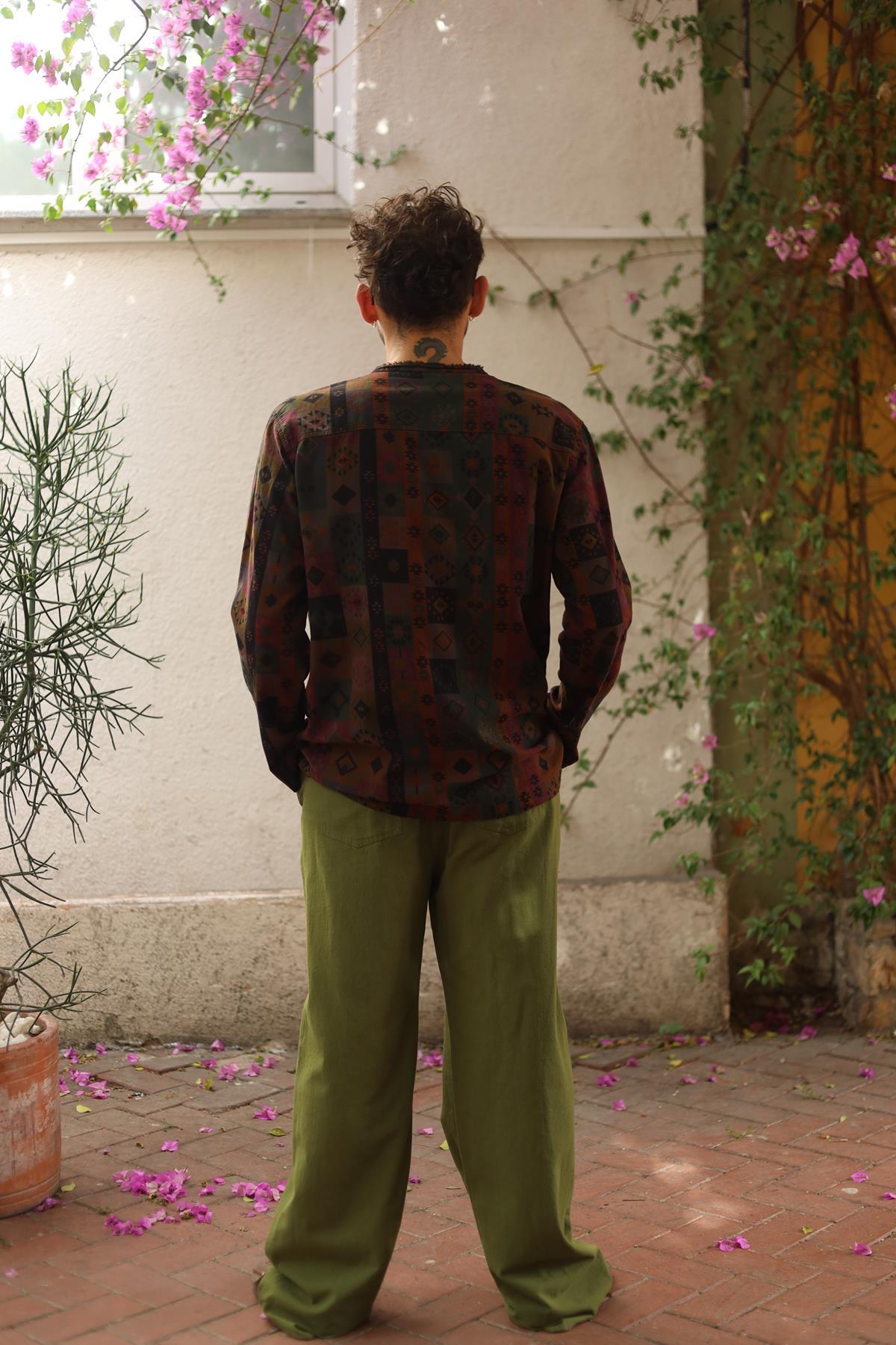 Brown Printed Lace-Up Collar Men's Shirt