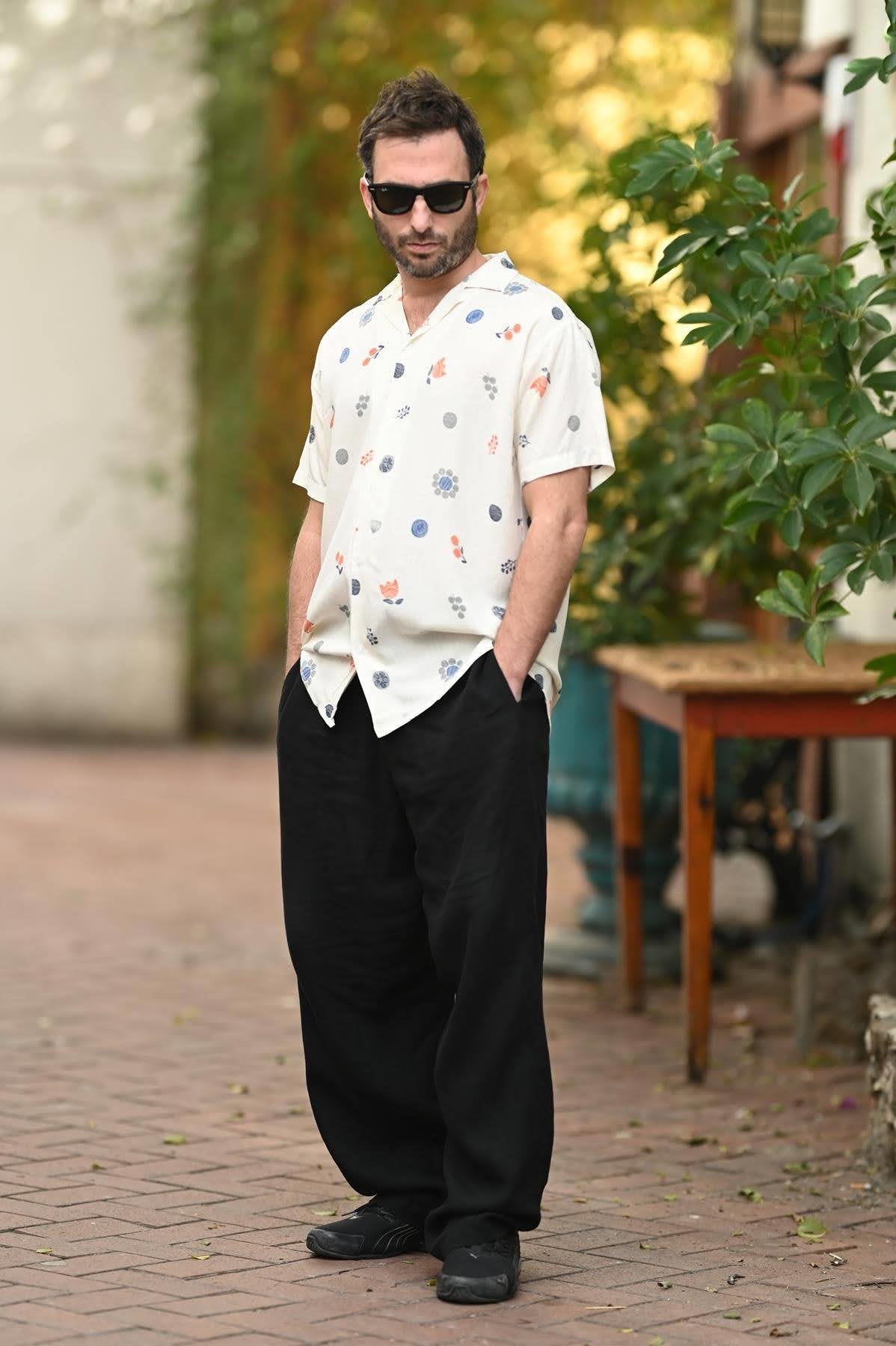 Ecru Patterned Short Sleeve Men's Shirt