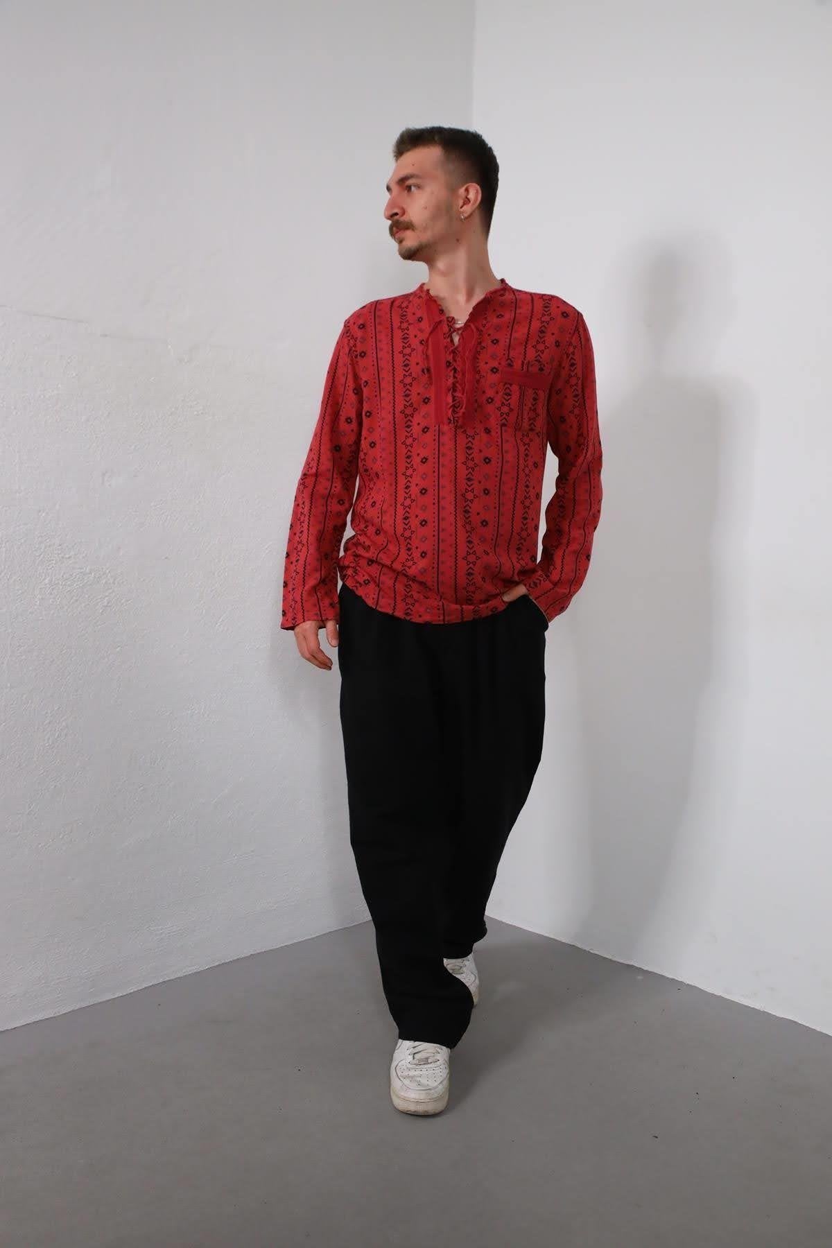 Burgundy Lace-Up Collar Printed Men's Shirt