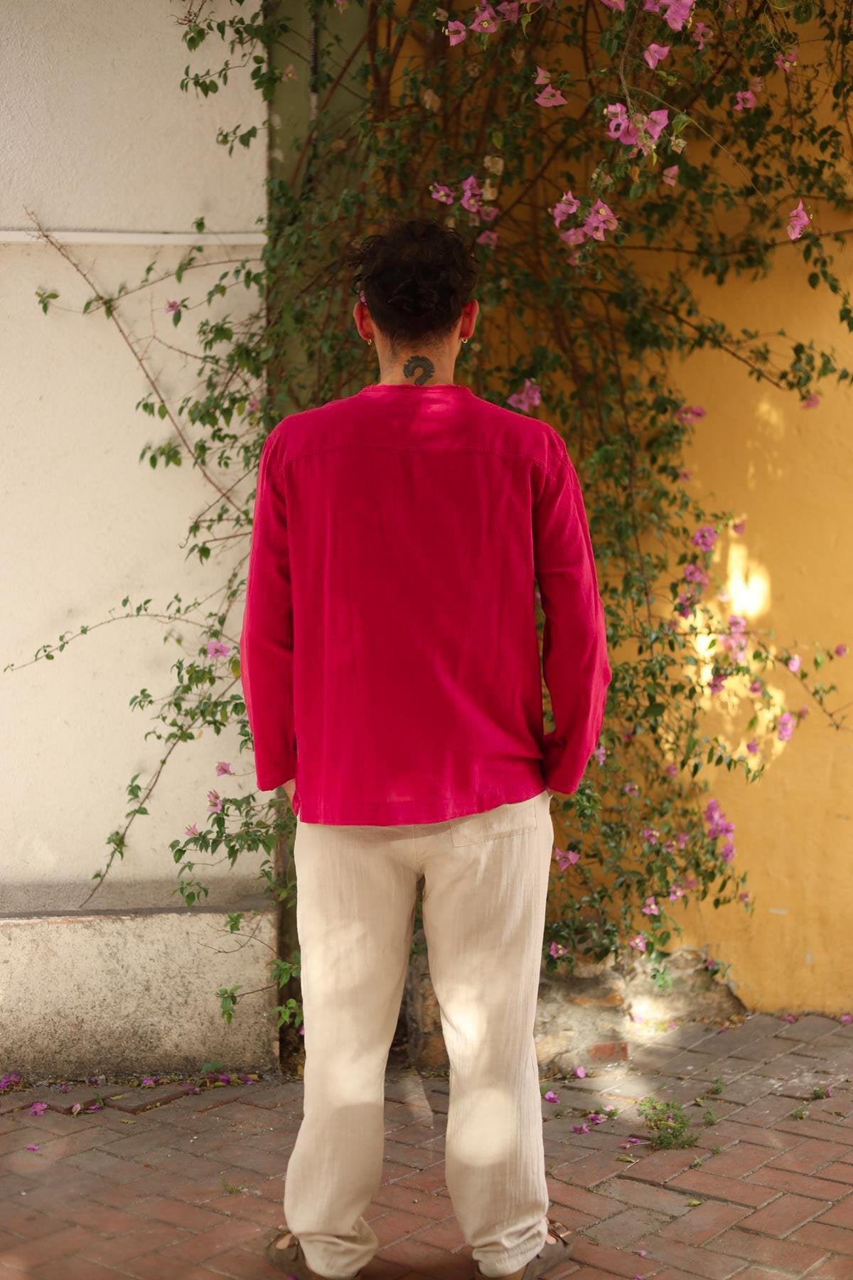 Men's Fuchsia Lace-Up Henley Shirt - Long Sleeve Casual