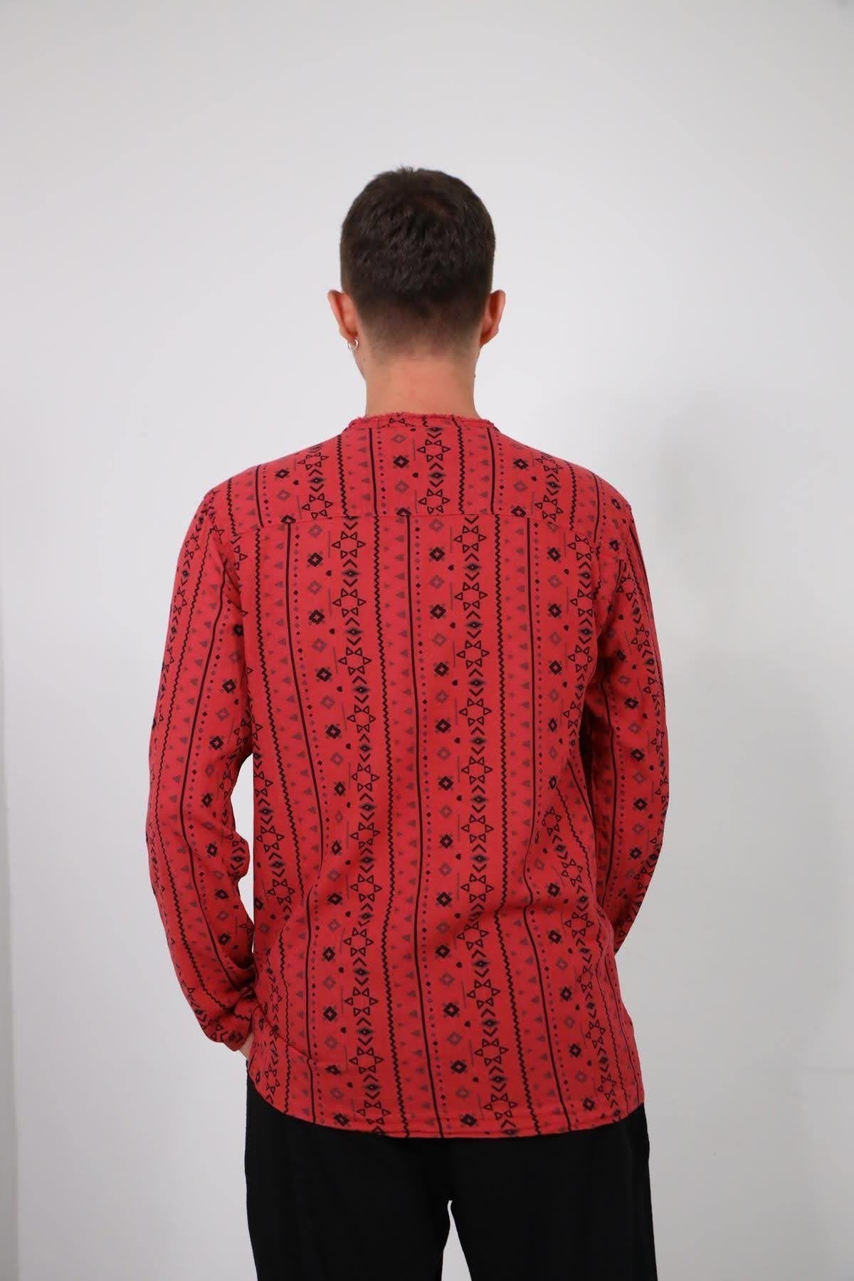 Burgundy Lace-Up Collar Printed Men's Shirt