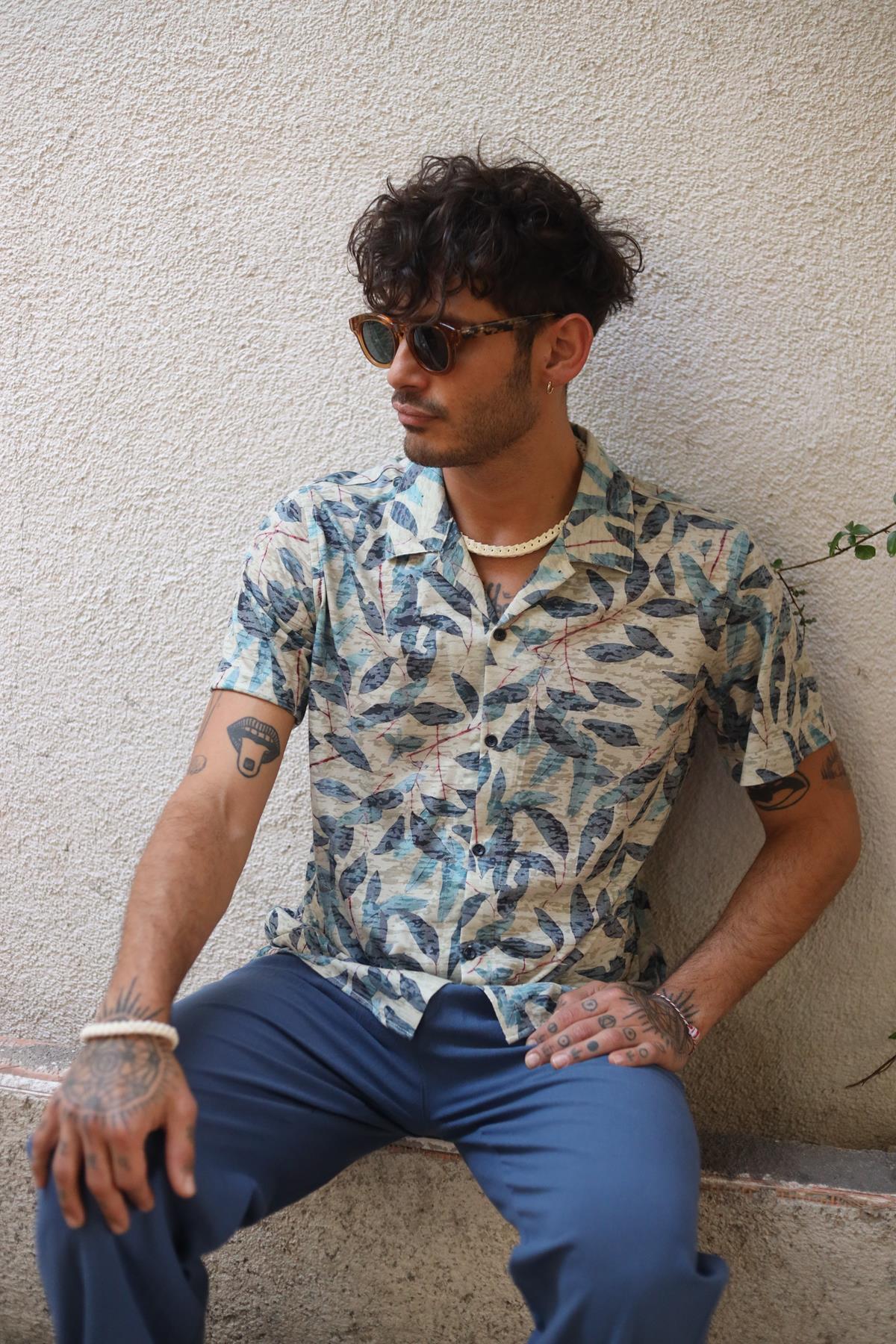 Light Khaki Leaf Patterned Men's Shirt