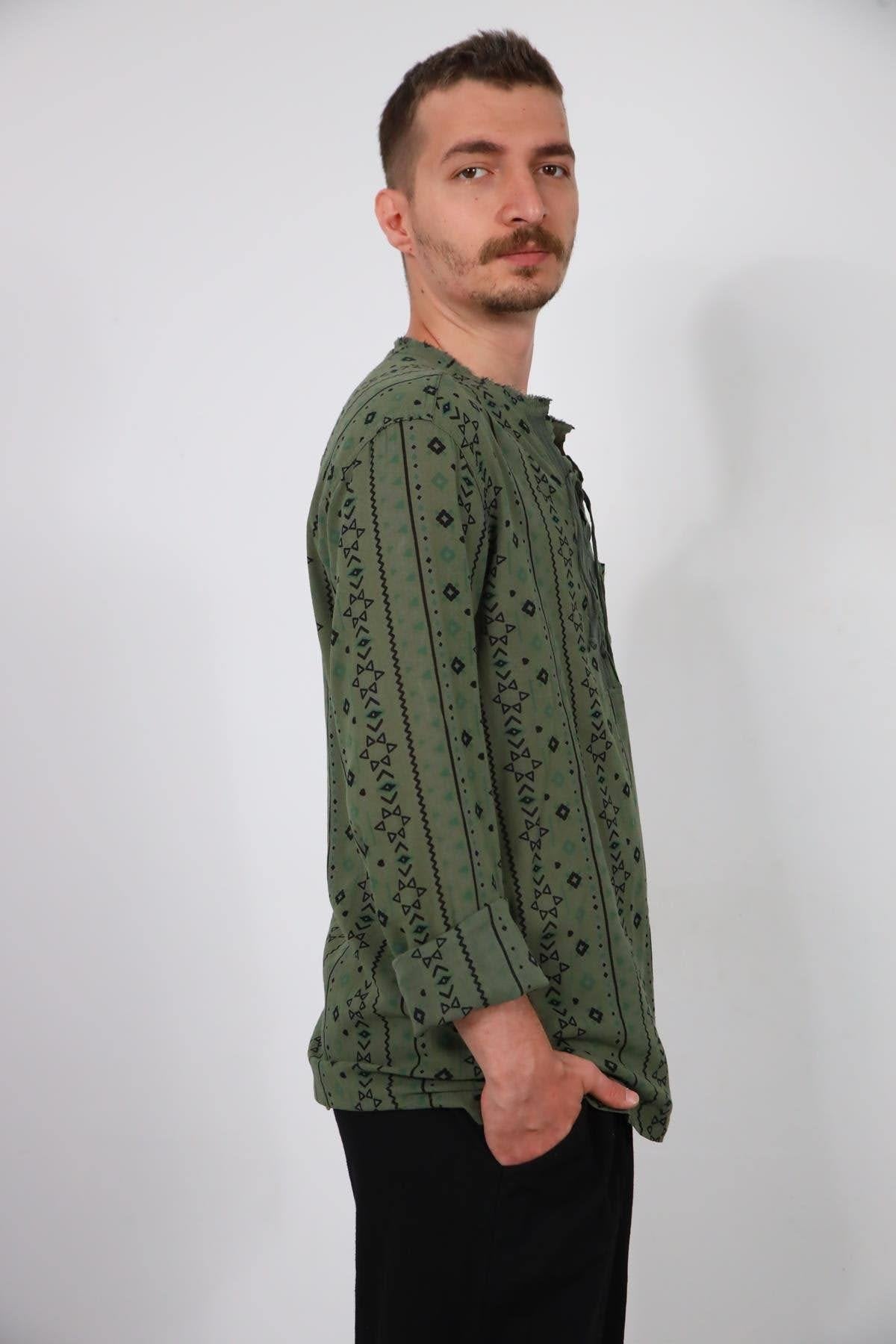 Khaki Lace-Up Collar Printed Men's Shirt