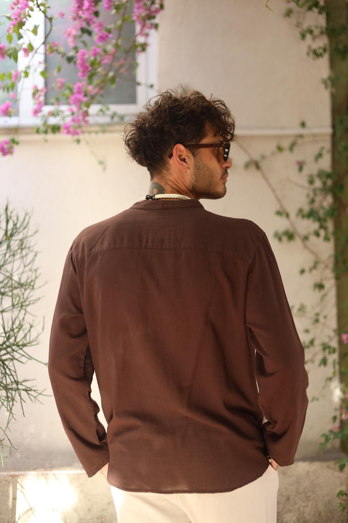 Brown Mandarin Collar Button Detailed Men's Shirt