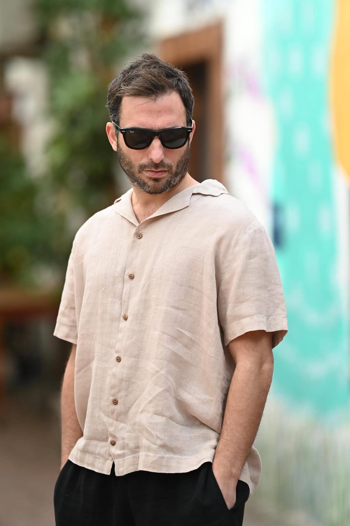 Beige Blazer Collar Short Sleeve Linen Men's Shirt