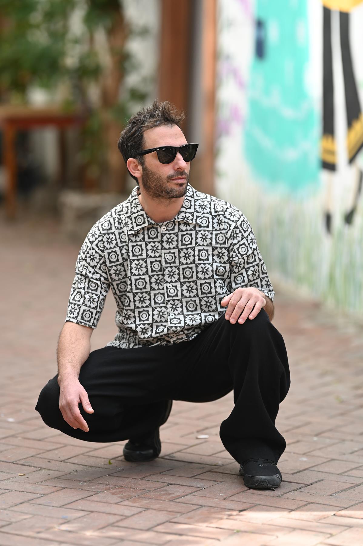 Black and White Patterned Short Sleeve Bohemian Shirt