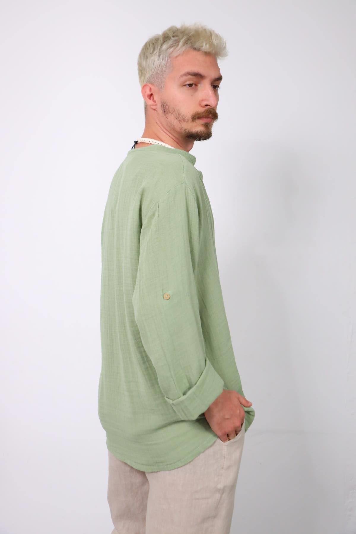 Mint Green Mandarin Collar Muslin Shirt