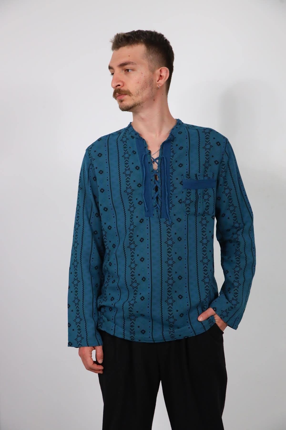 Petrol Blue Lace-Up Collar Printed Men's Shirt