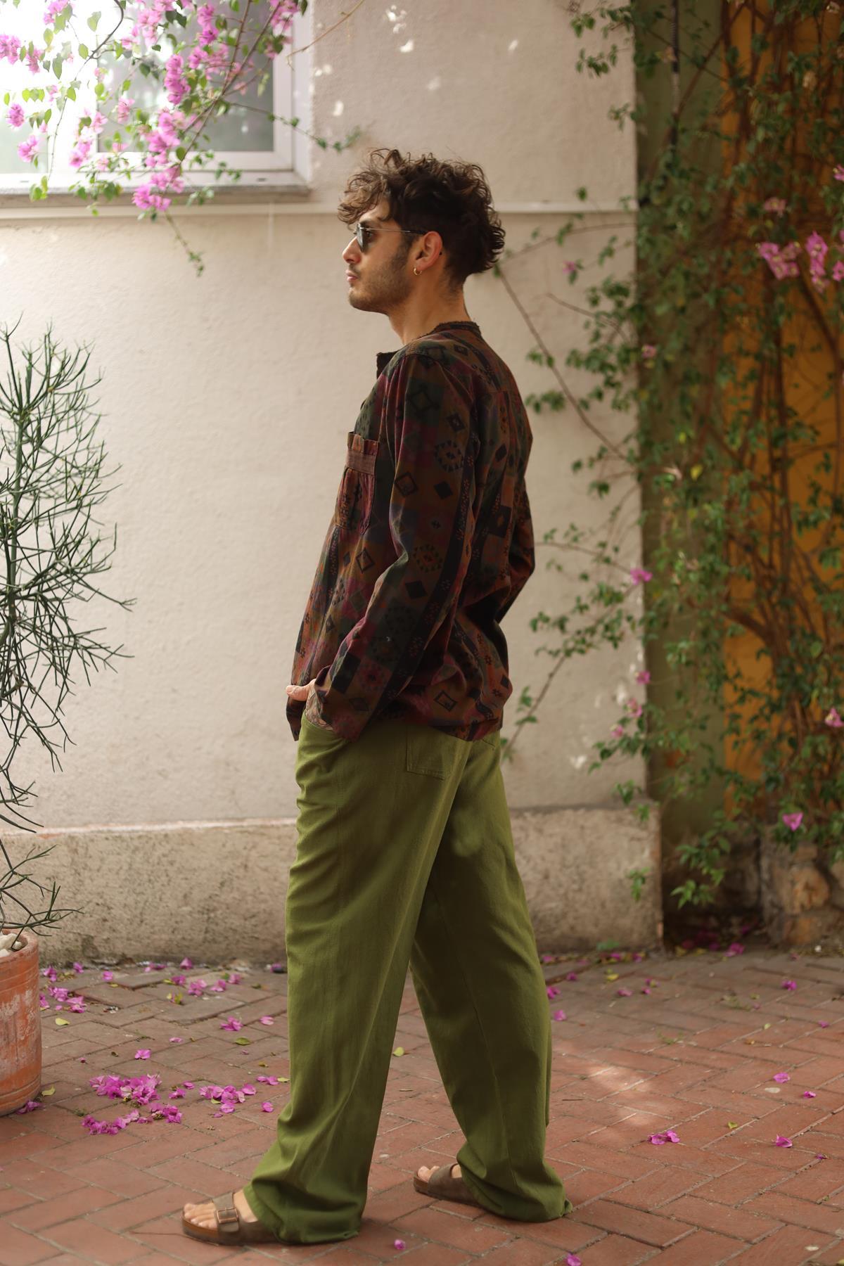 Brown Printed Lace-Up Collar Men's Shirt