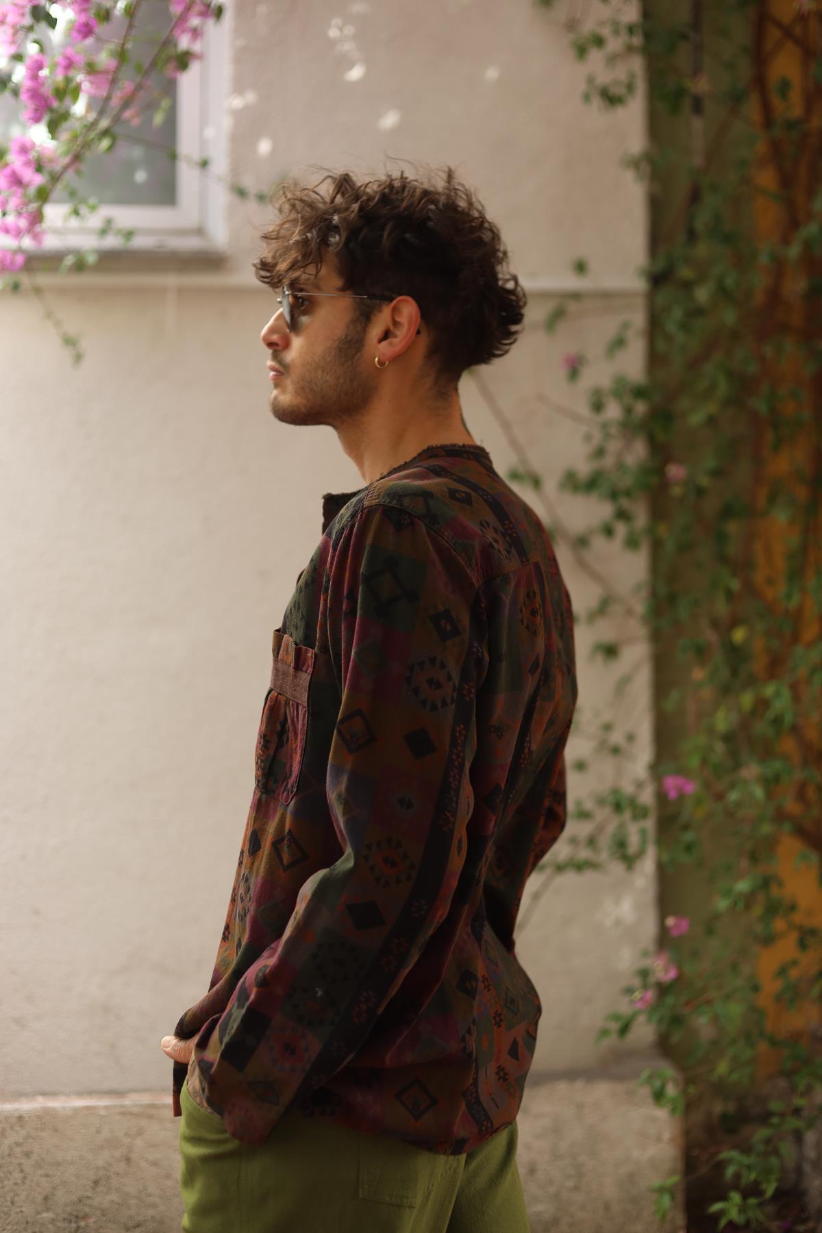 Brown Printed Lace-Up Collar Men's Shirt