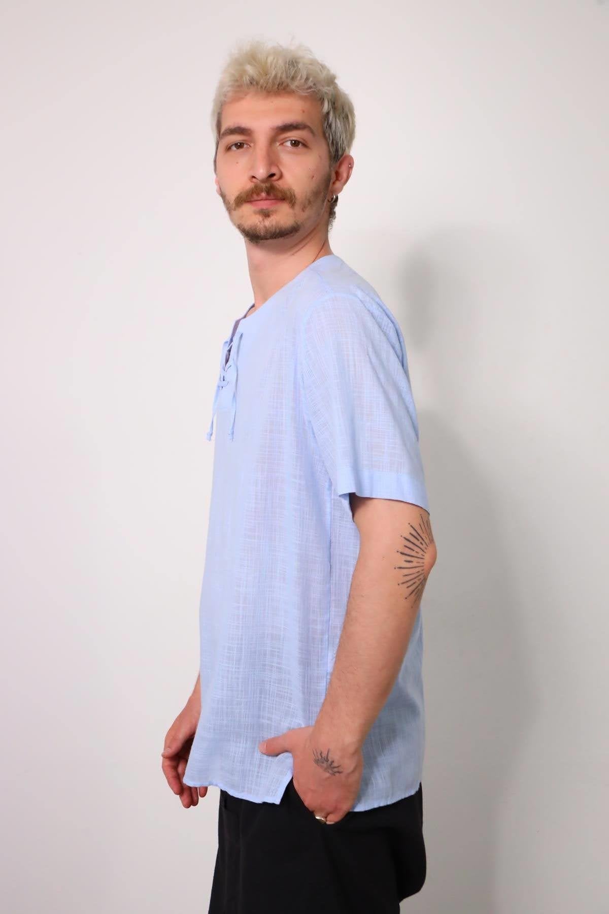Blue Lace-Up Collar Slit Short Sleeve Men's Shirt