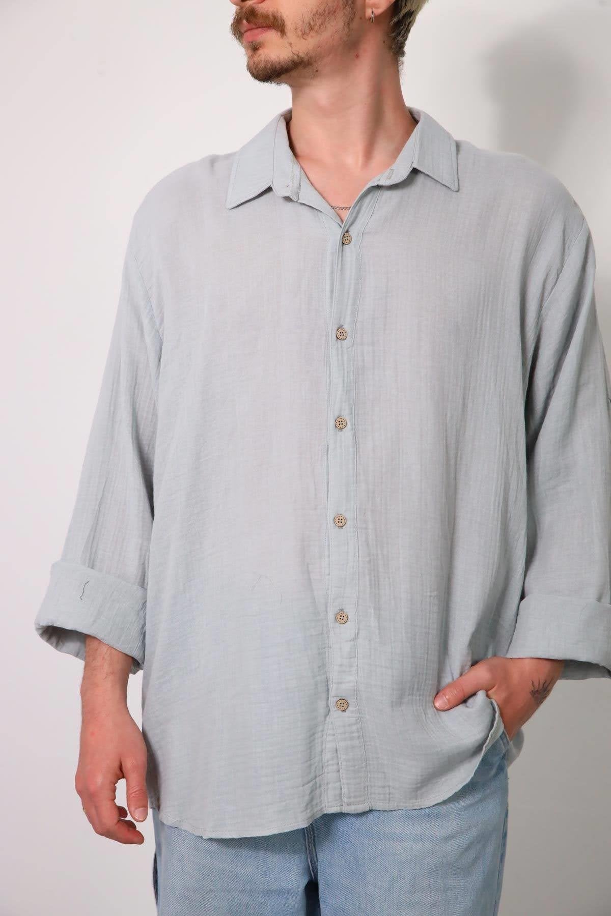 Gray Men's Muslin Shirt with Epauletted Sleeves