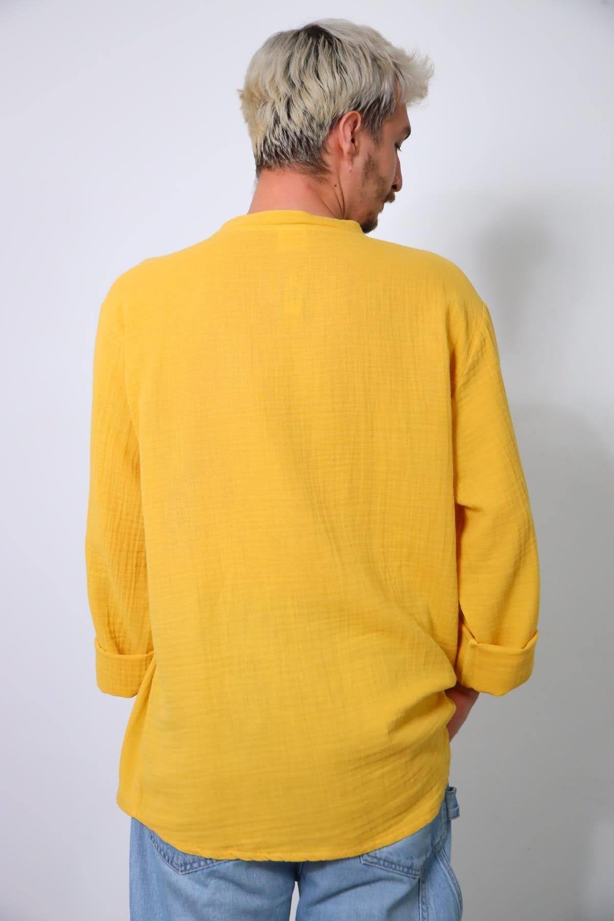 Yellow Mandarin Collar Muslin Shirt