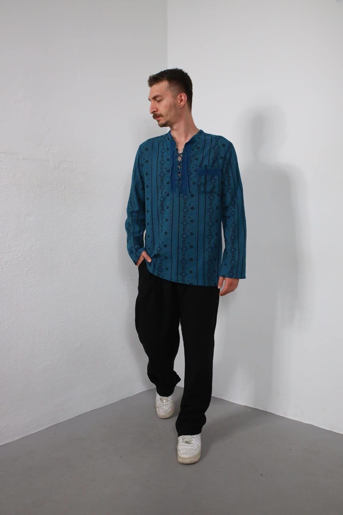 Petrol Blue Lace-Up Collar Printed Men's Shirt