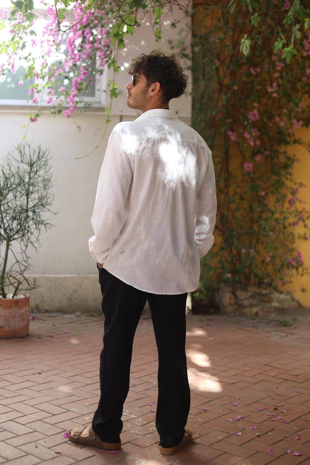 White Large Pocket Tasseled Patchwork Men's Shirt