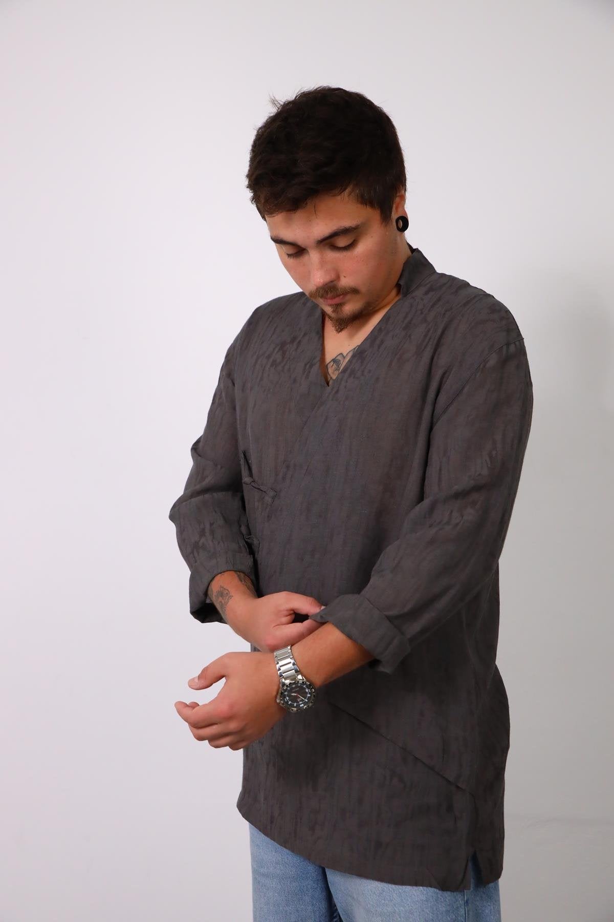 Anthracite Patterned Asymmetrical Linen Shirt