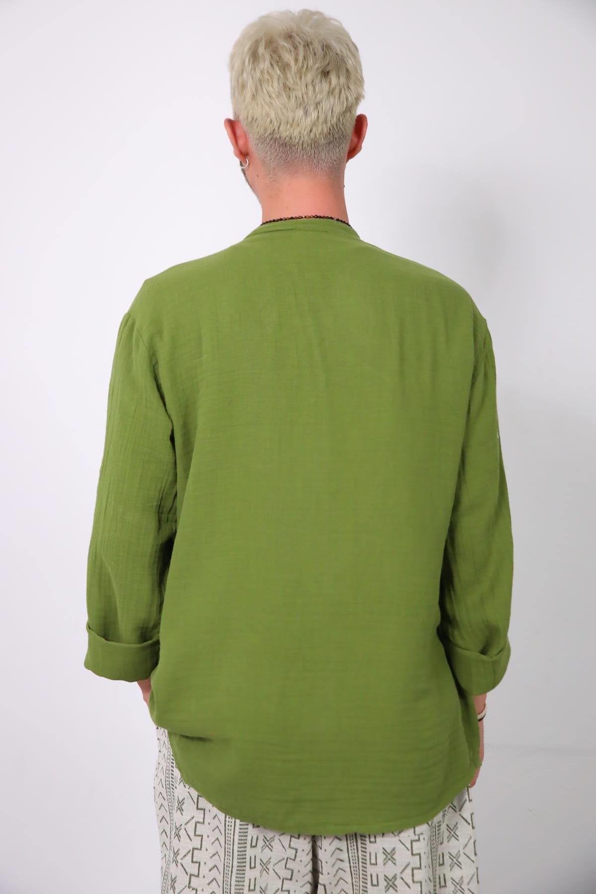 Green Mandarin Collar Muslin Shirt