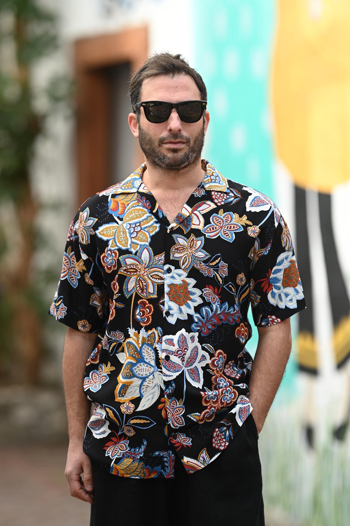 Black Patterned Short Sleeve Men's Shirt