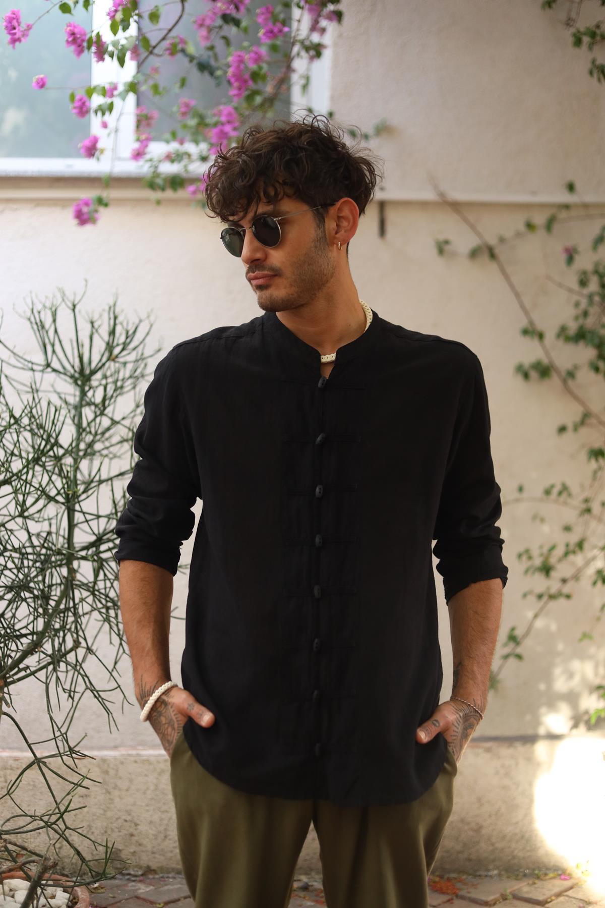 Men's Black Mandarin Collar Linen Blend Shirt - Long Sleeve