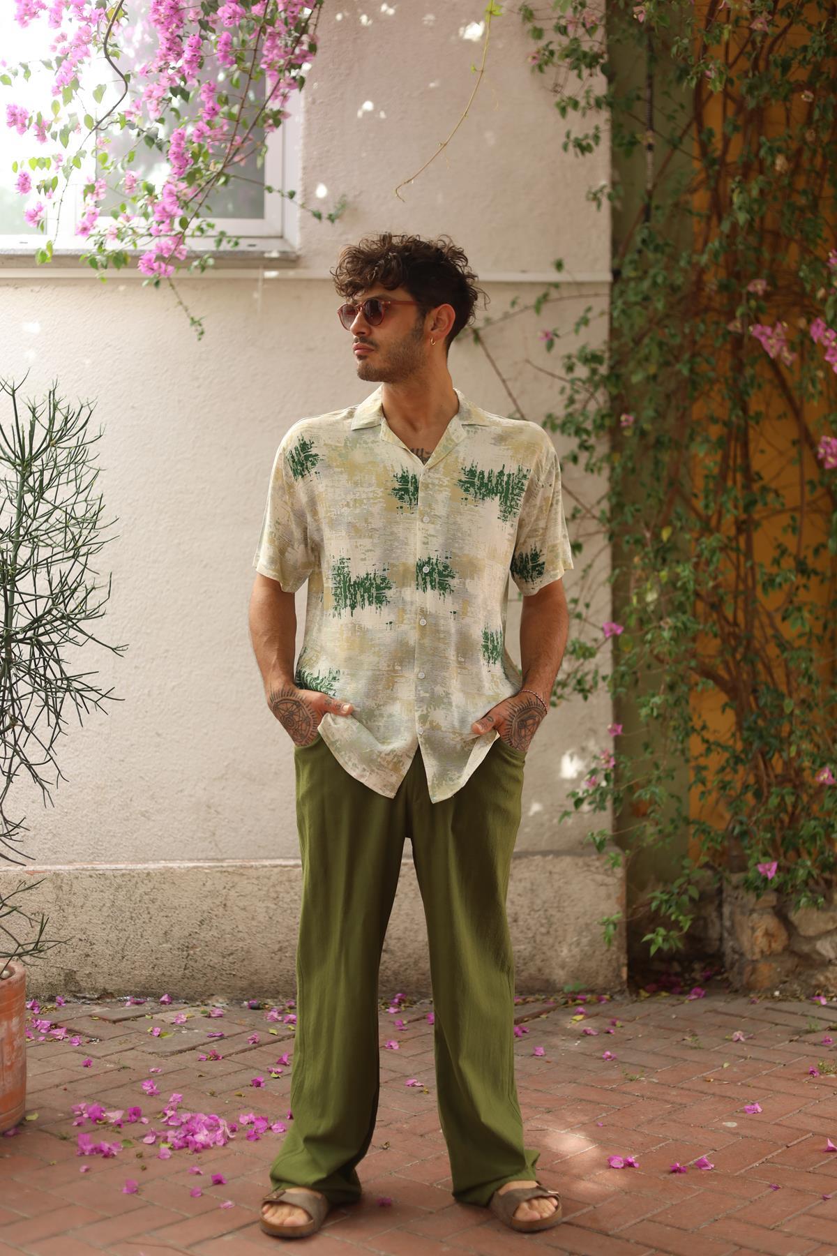 Green Patterned Short Sleeve Men's Shirt