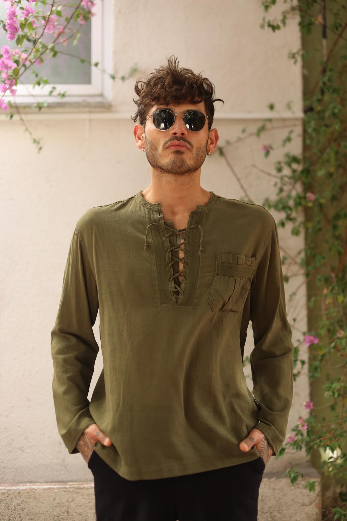 Khaki Lace-Up Bohemian Men's Shirt