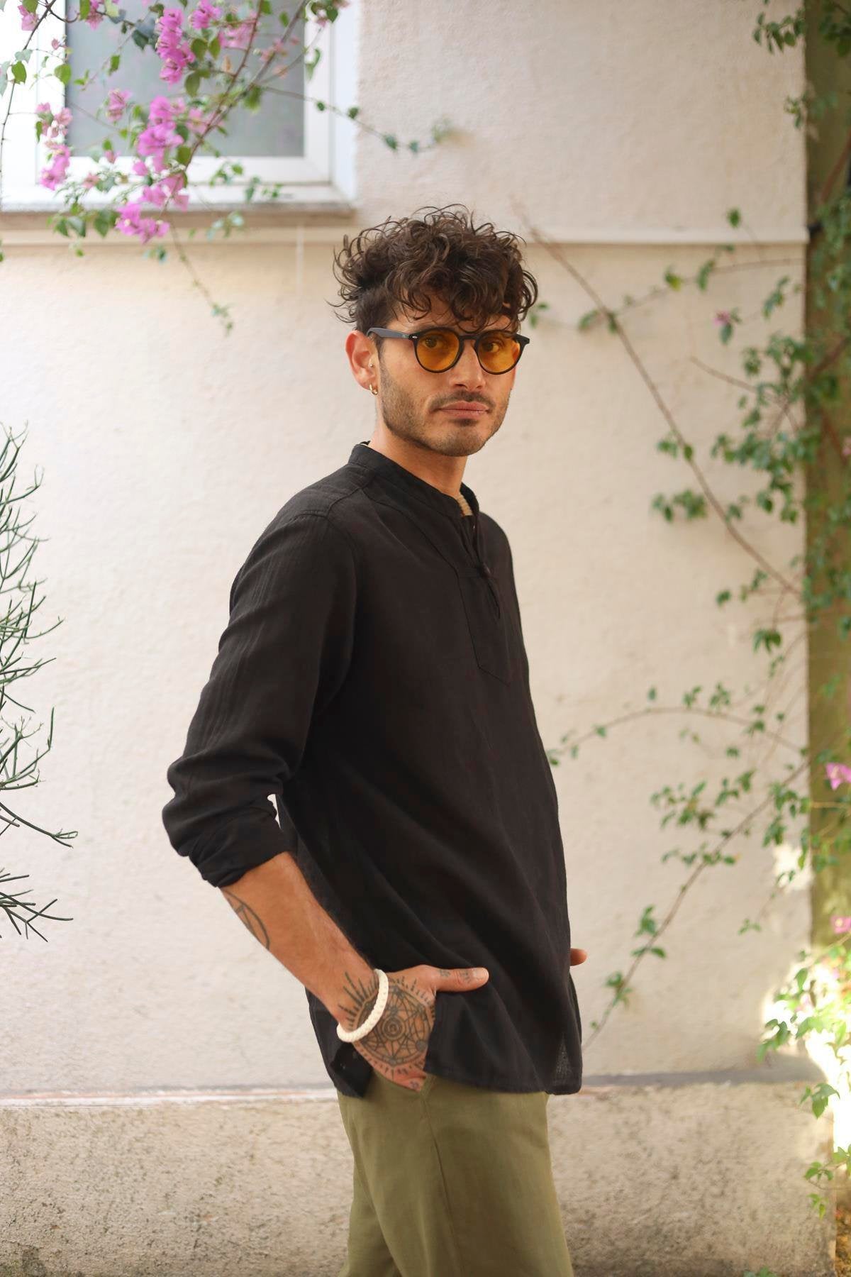 Black Casual Long Sleeve Henley Shirt with Band Collar