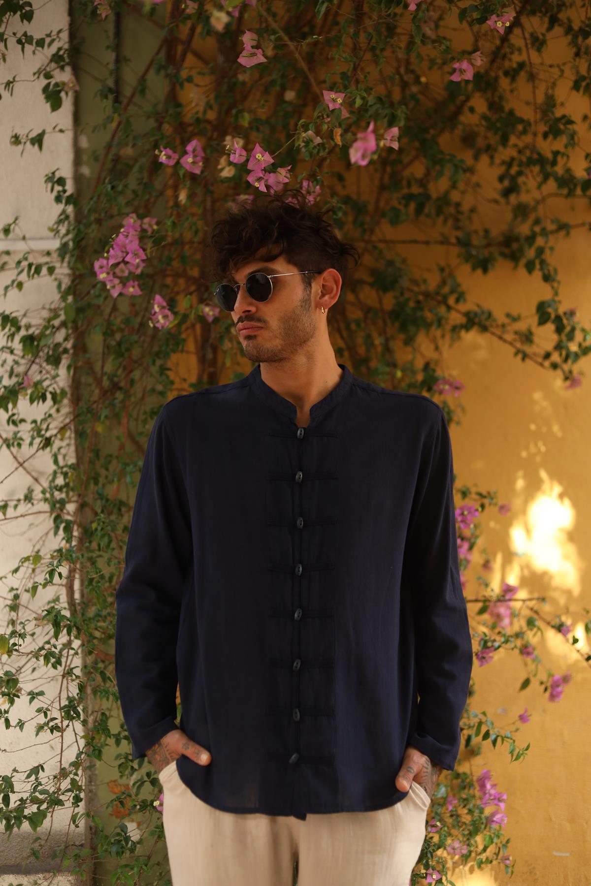 Navy Blue Mandarin Collar Button Detailed Men's Shirt