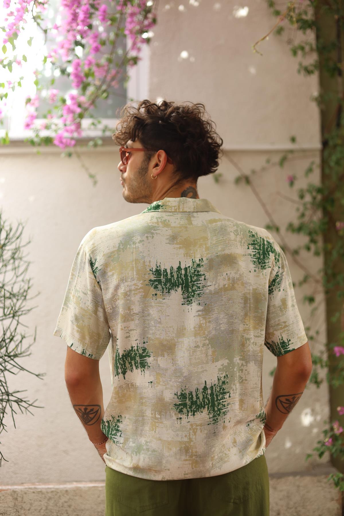 Green Patterned Short Sleeve Men's Shirt