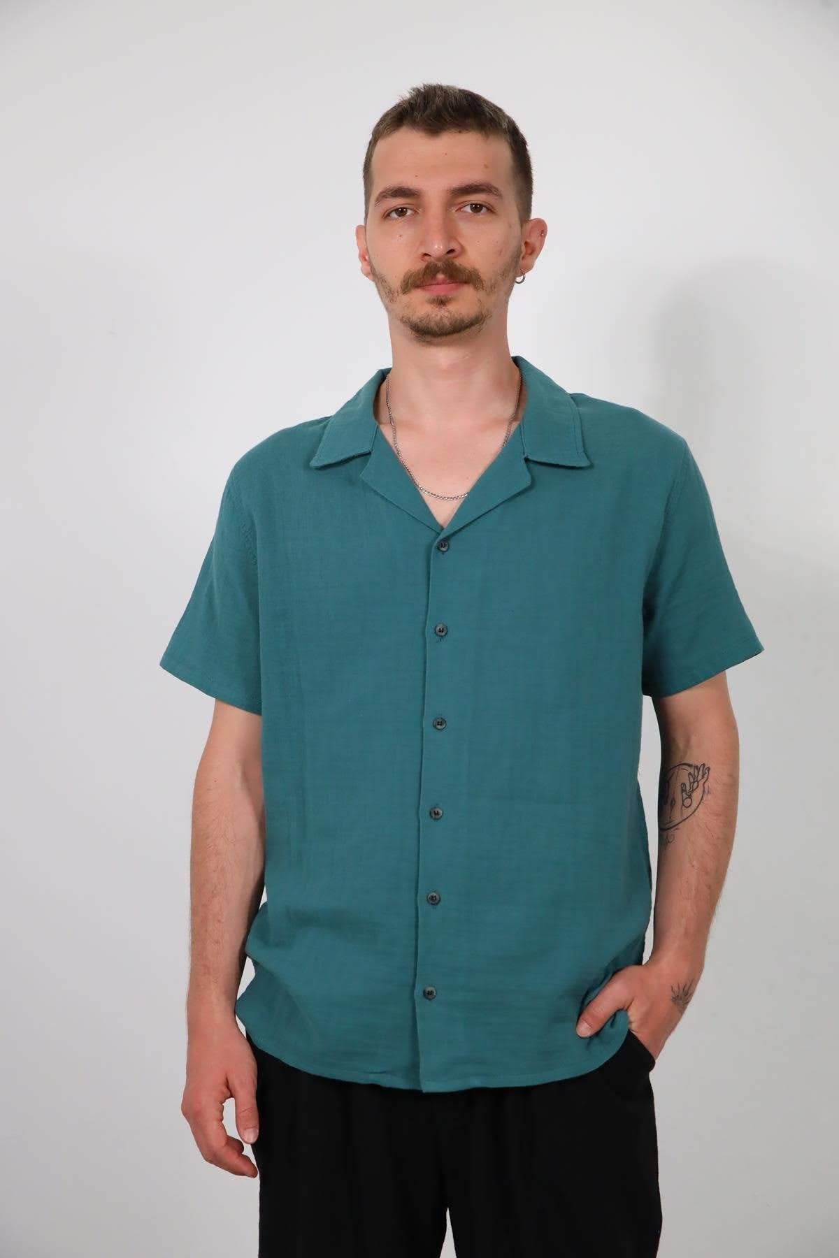 Petrol Green Tassel Back Short Sleeve Men's Shirt