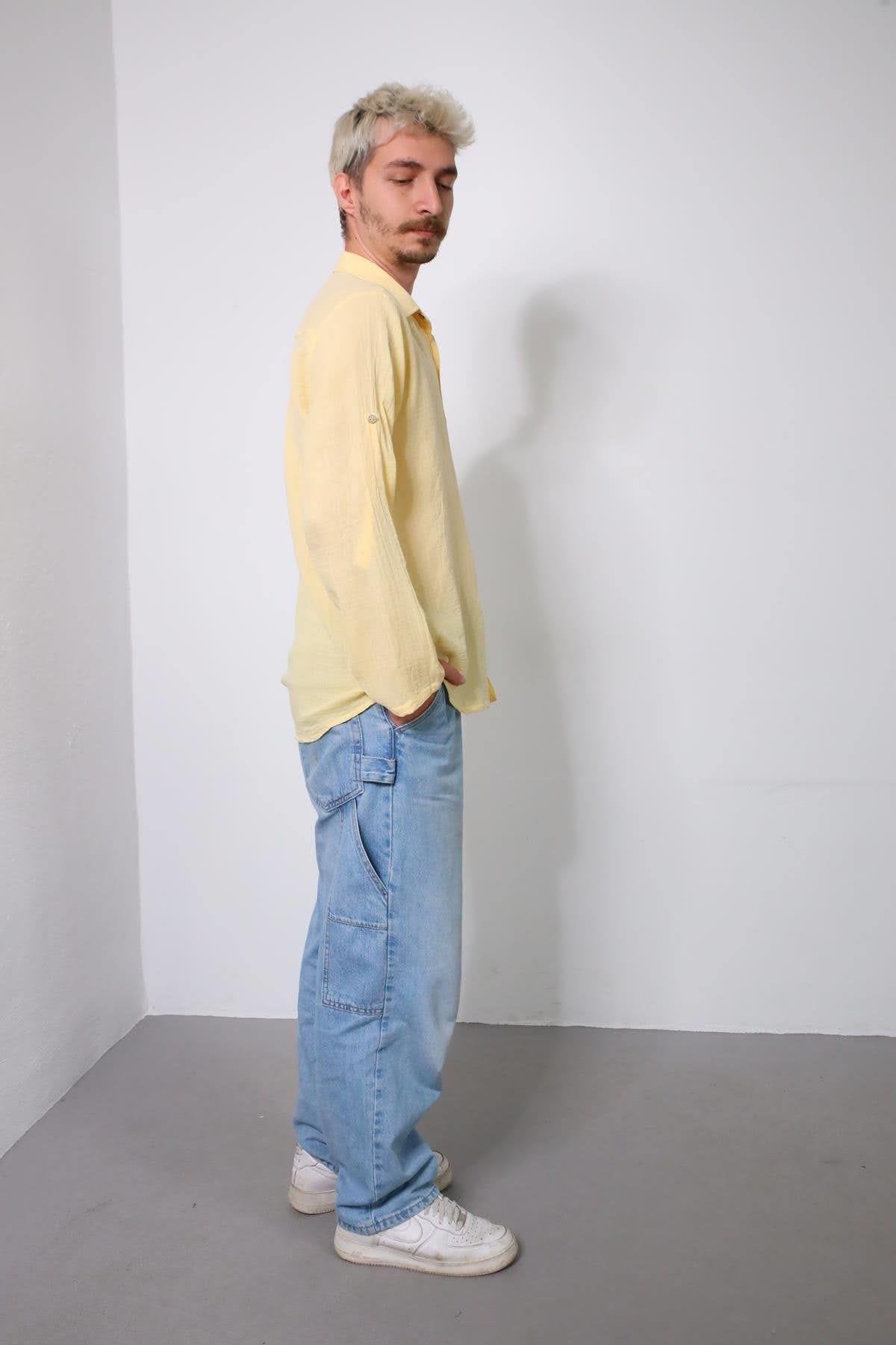 Lemon Yellow Men's Muslin Shirt with Epauletted Sleeves