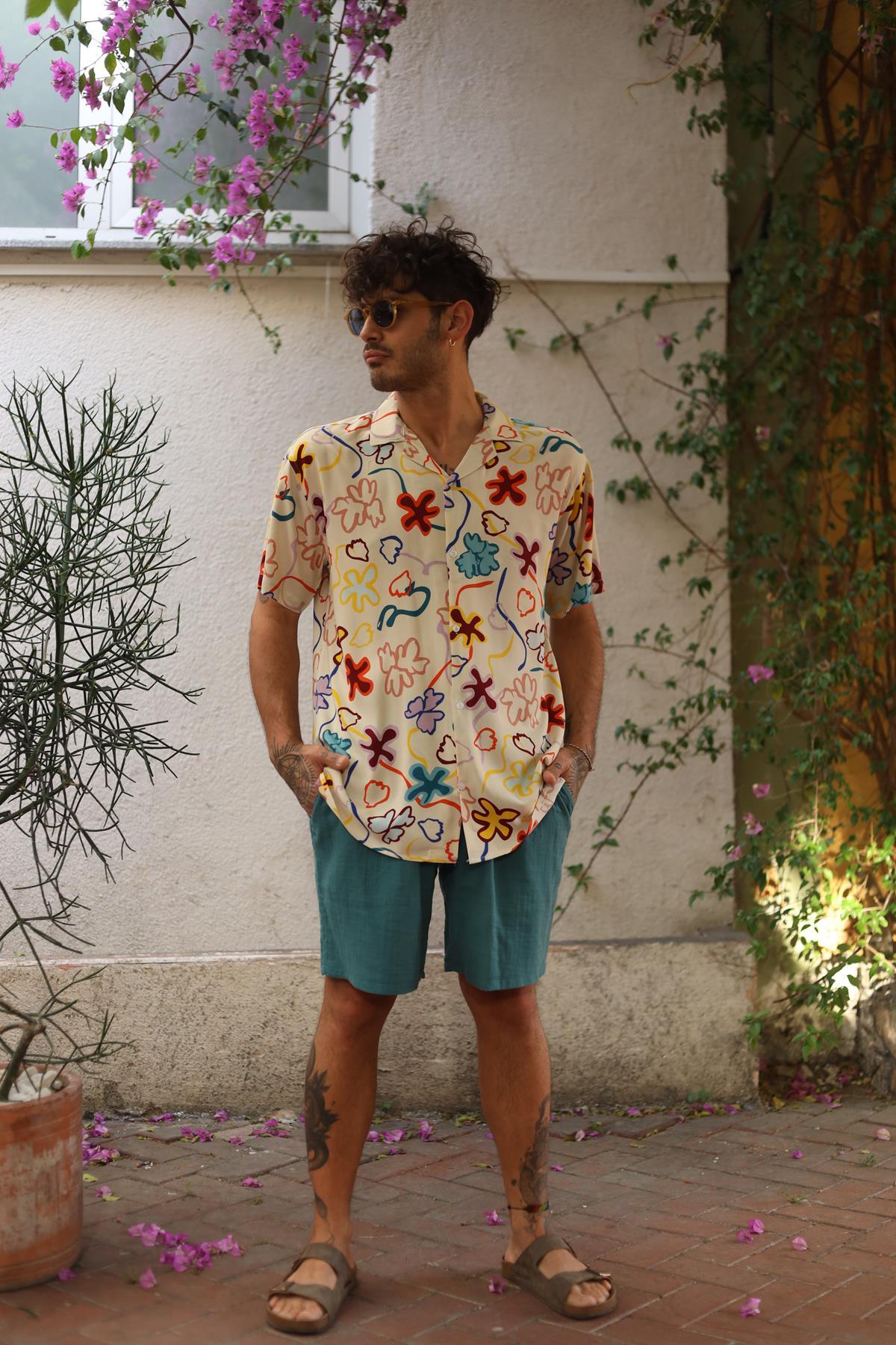 Cream Color Patterned Short Sleeve Men's Shirt