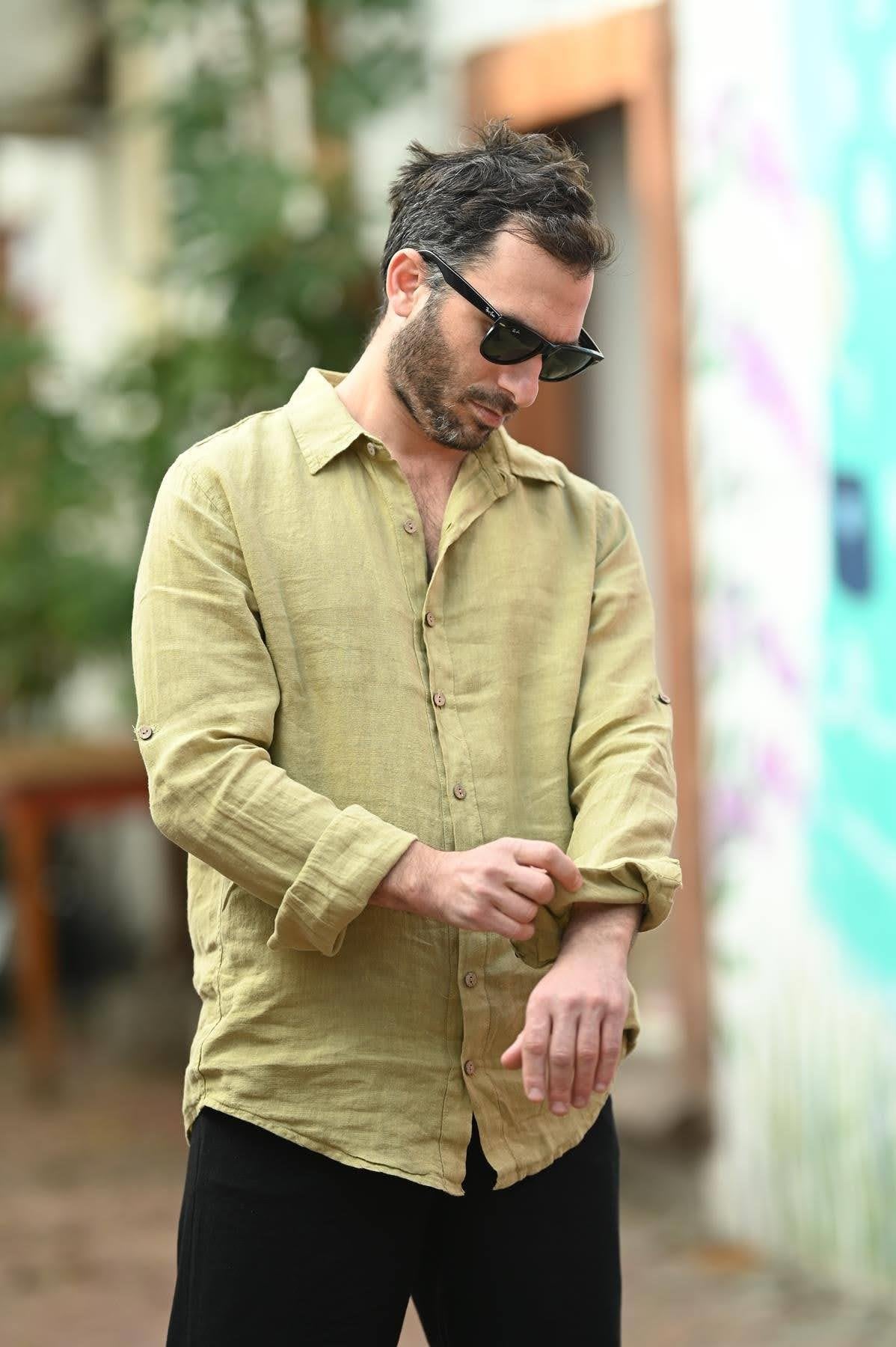 Light Khaki Linen Classic Men's Shirt
