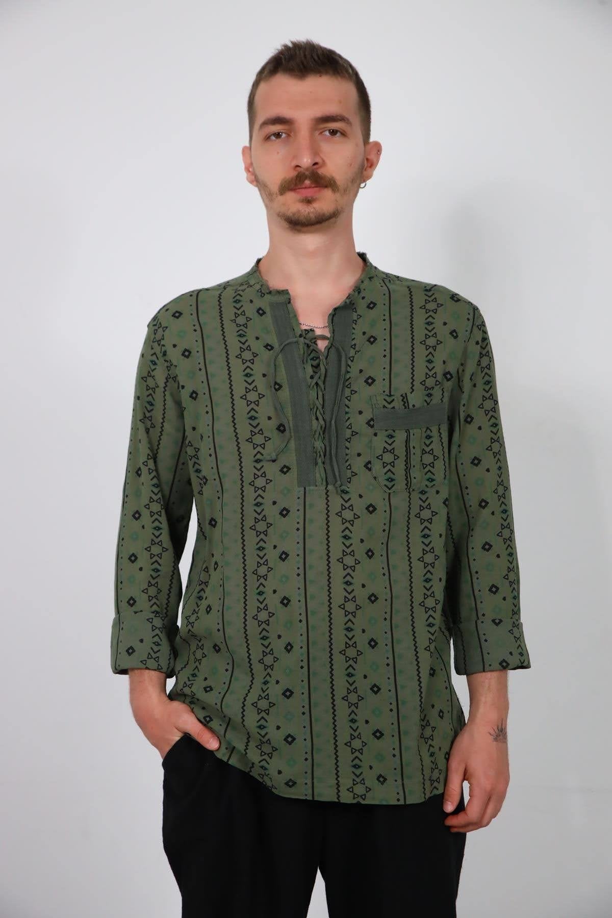 Khaki Lace-Up Collar Printed Men's Shirt