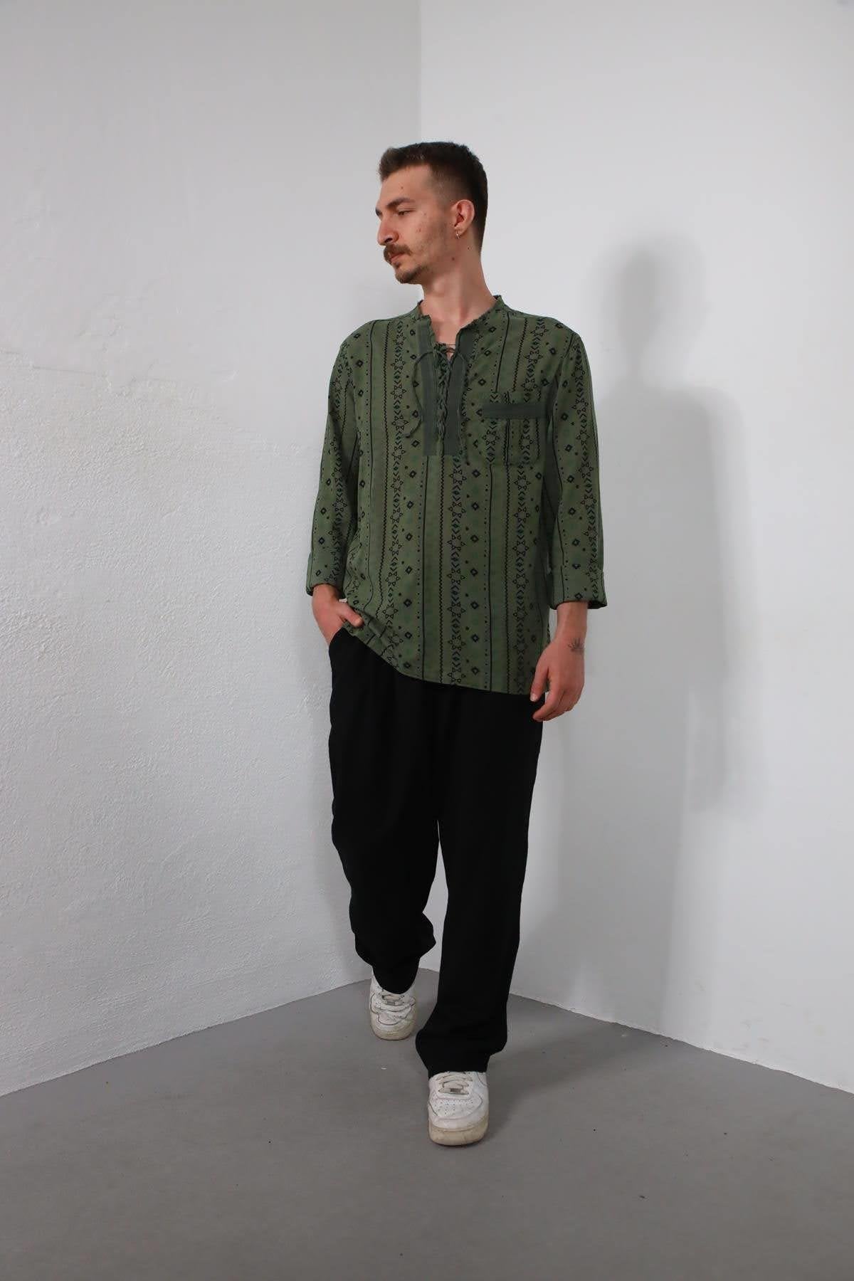 Khaki Lace-Up Collar Printed Men's Shirt