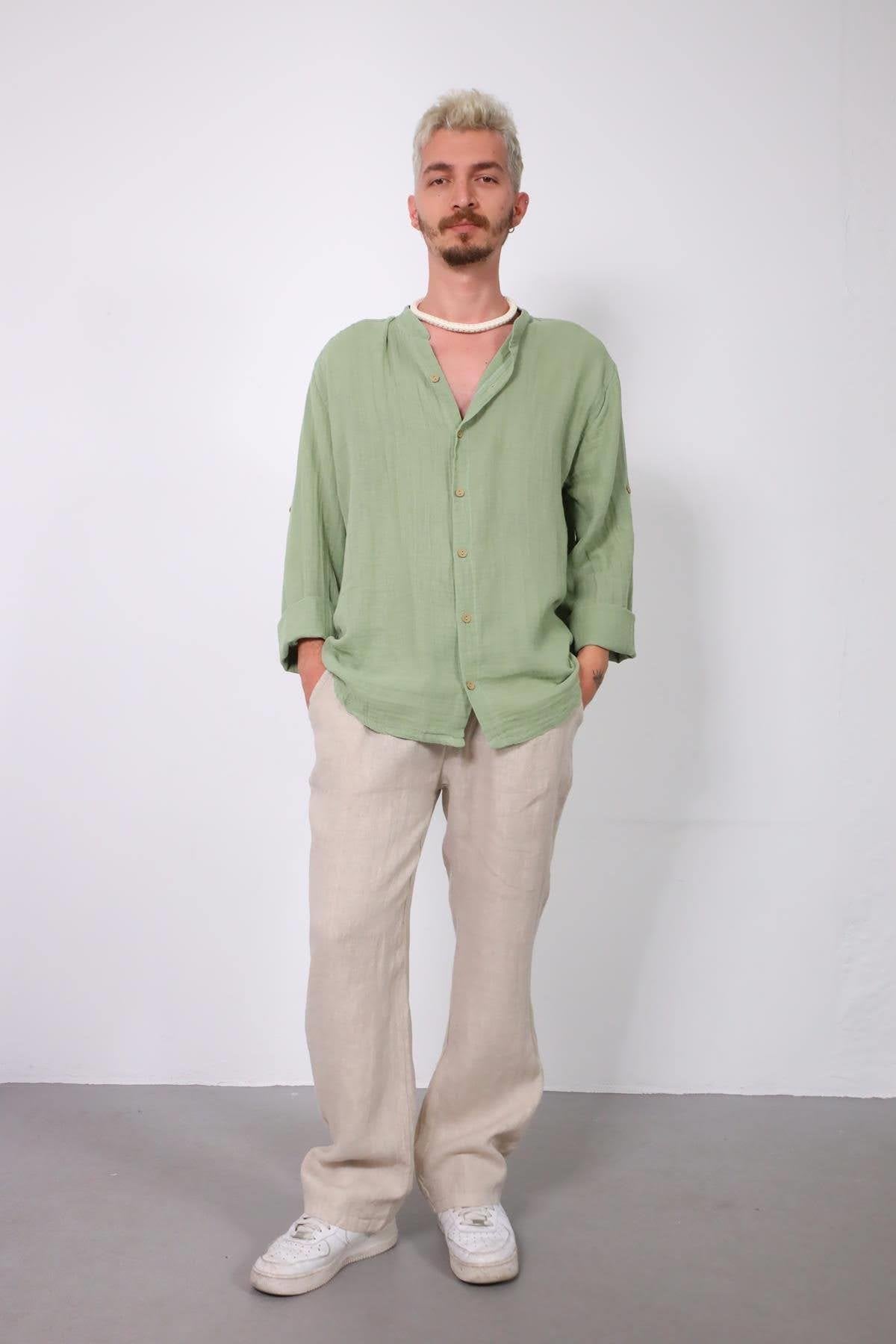 Mint Green Mandarin Collar Muslin Shirt